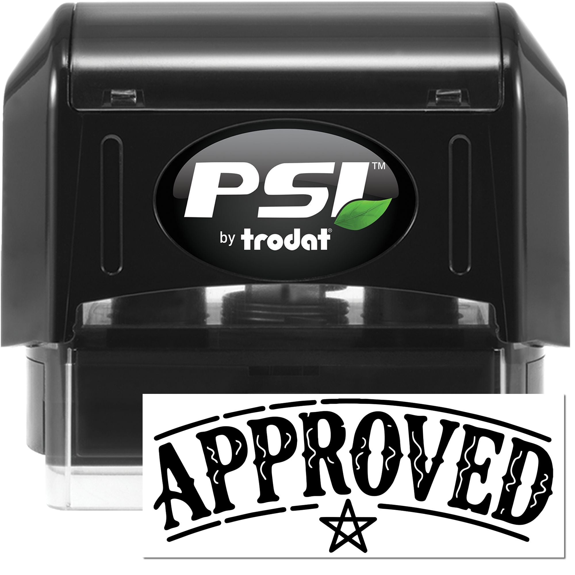 Black PSI by Trodat self-inking rubber stamp with Approved seal impression and green leaf logo