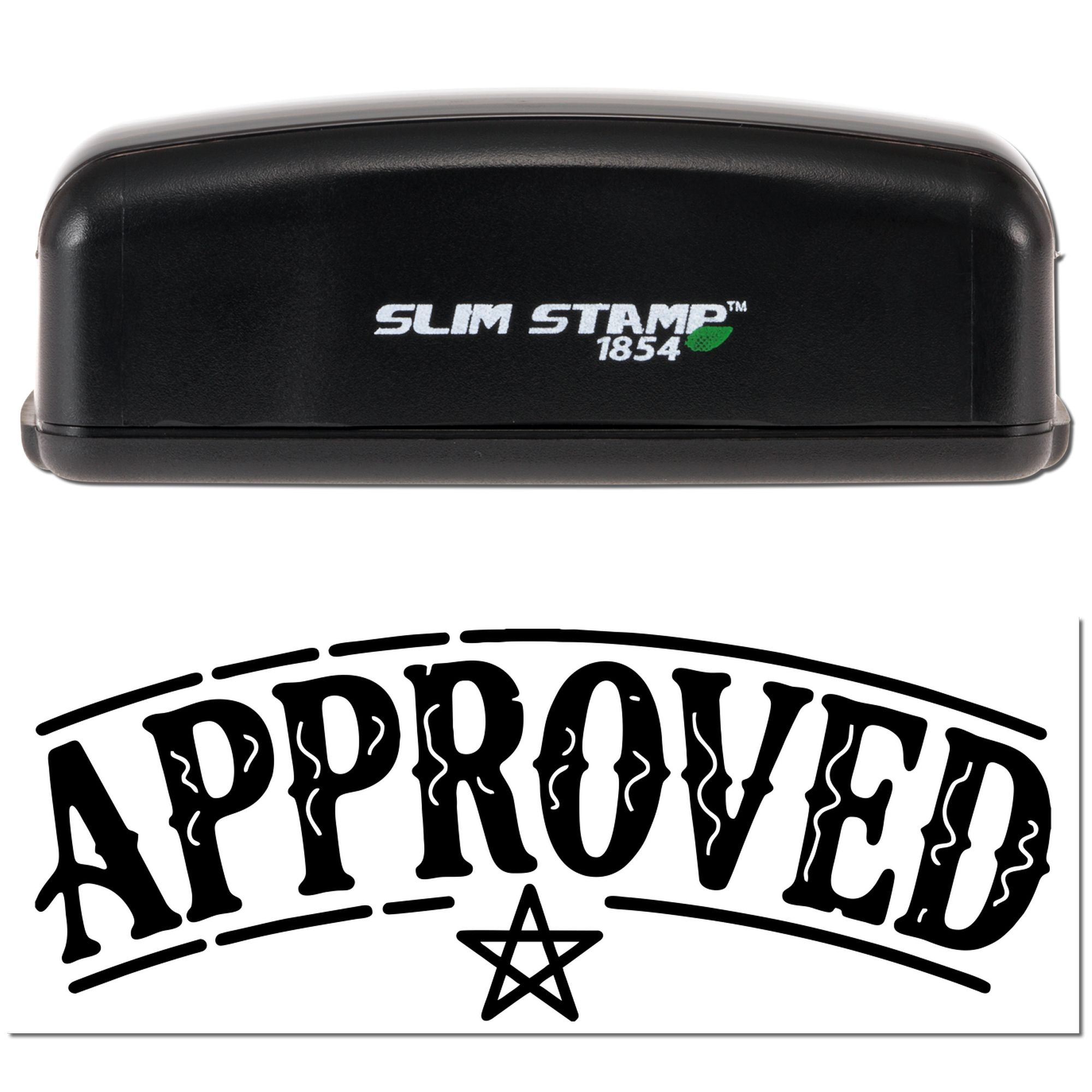 Black Slim Stamp 1854 self-inking stamp and approved seal with arched APPROVED text, star icon, and white lettering on black.