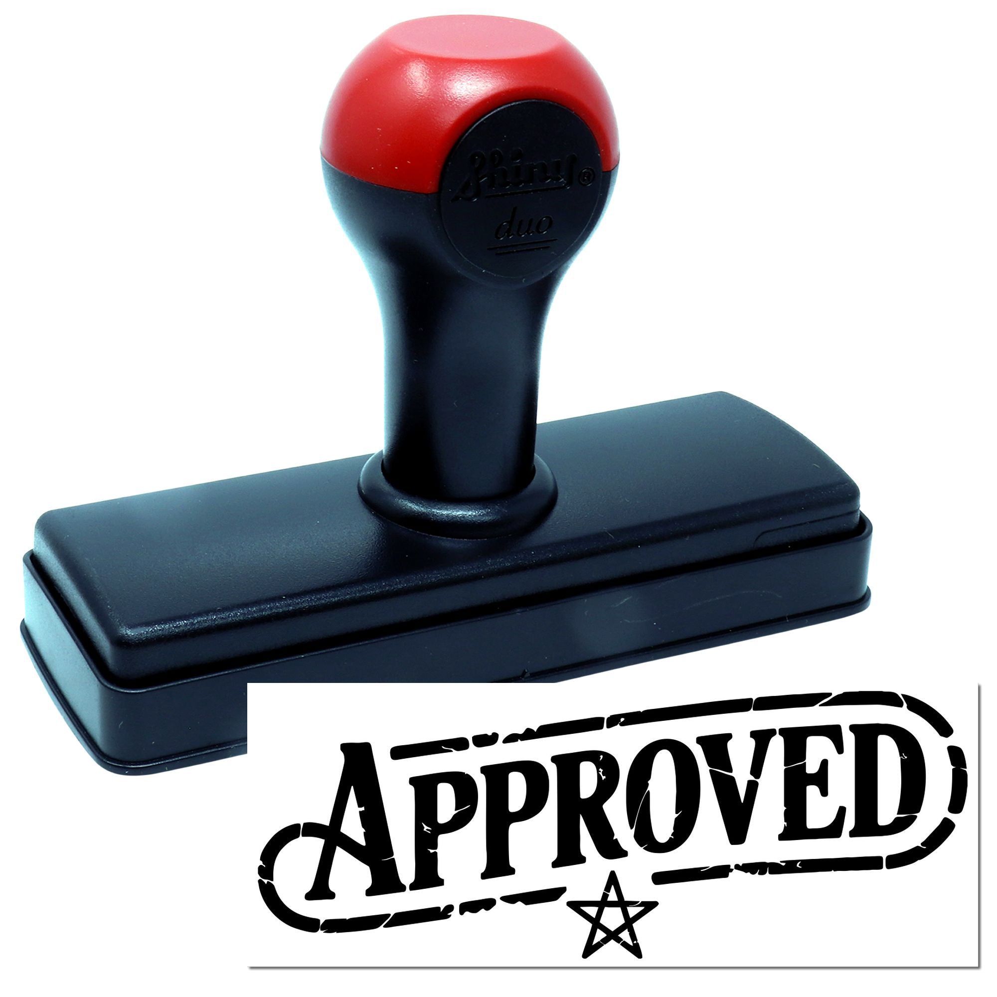 Red and black self-inking rubber stamp and seal with bold Approved imprint