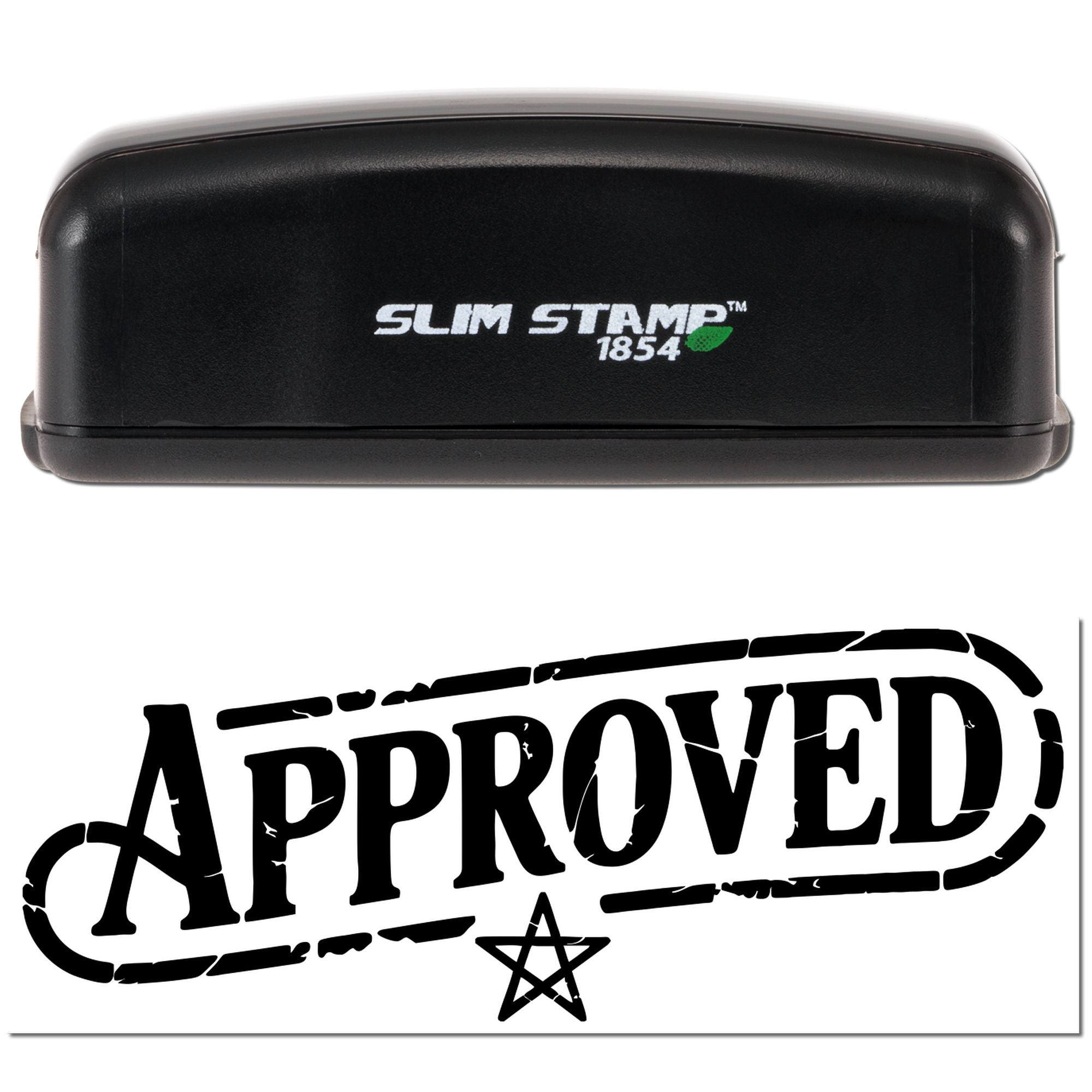 Black Slim Stamp 1854 self-inking stamp with bold black APPROVED seal impression and star on white background.