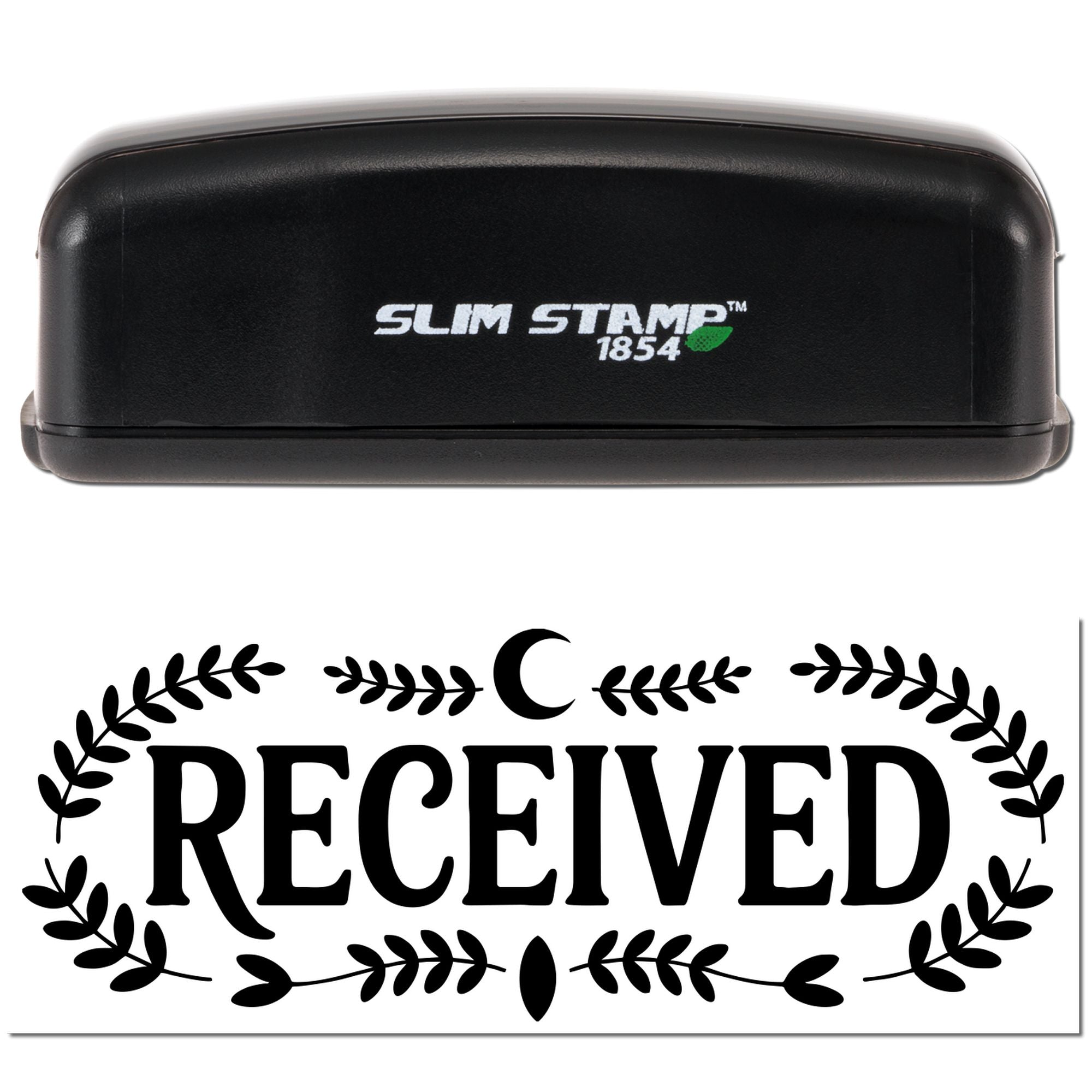 Black Slim Stamp 1854 self-inking stamp and seal with bold RECEIVED text, leaf wreath and crescent moon on white.