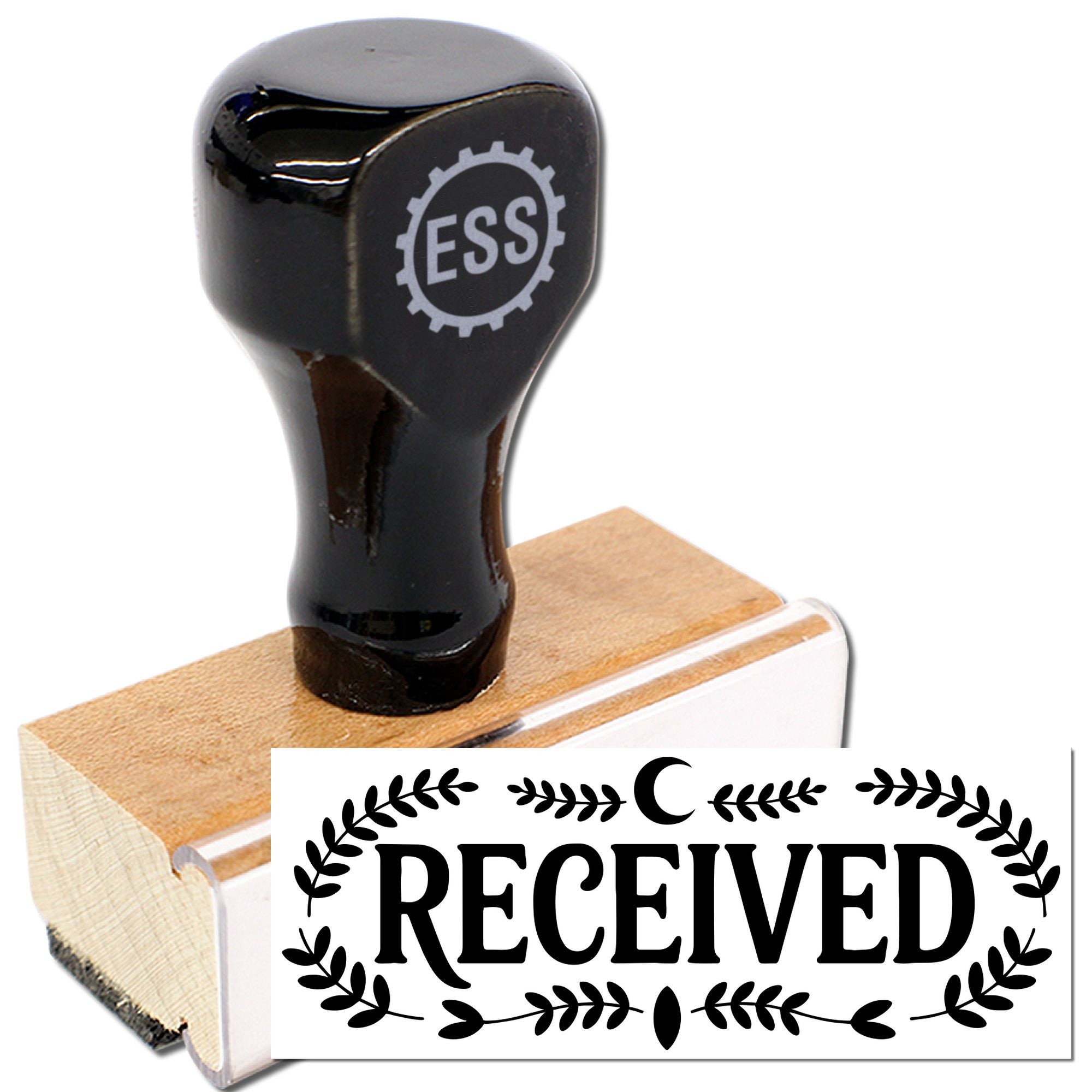 Black wooden rubber stamp with ESS logo and bold RECEIVED seal impression on white background.