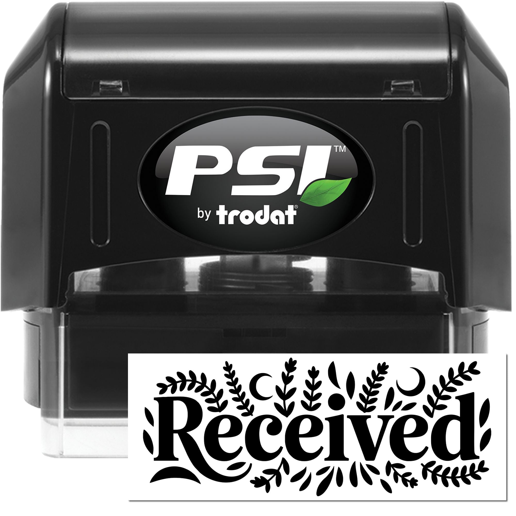 Black self-inking PSI by Trodat stamp and seal set with green leaf logo and white Received impression design.