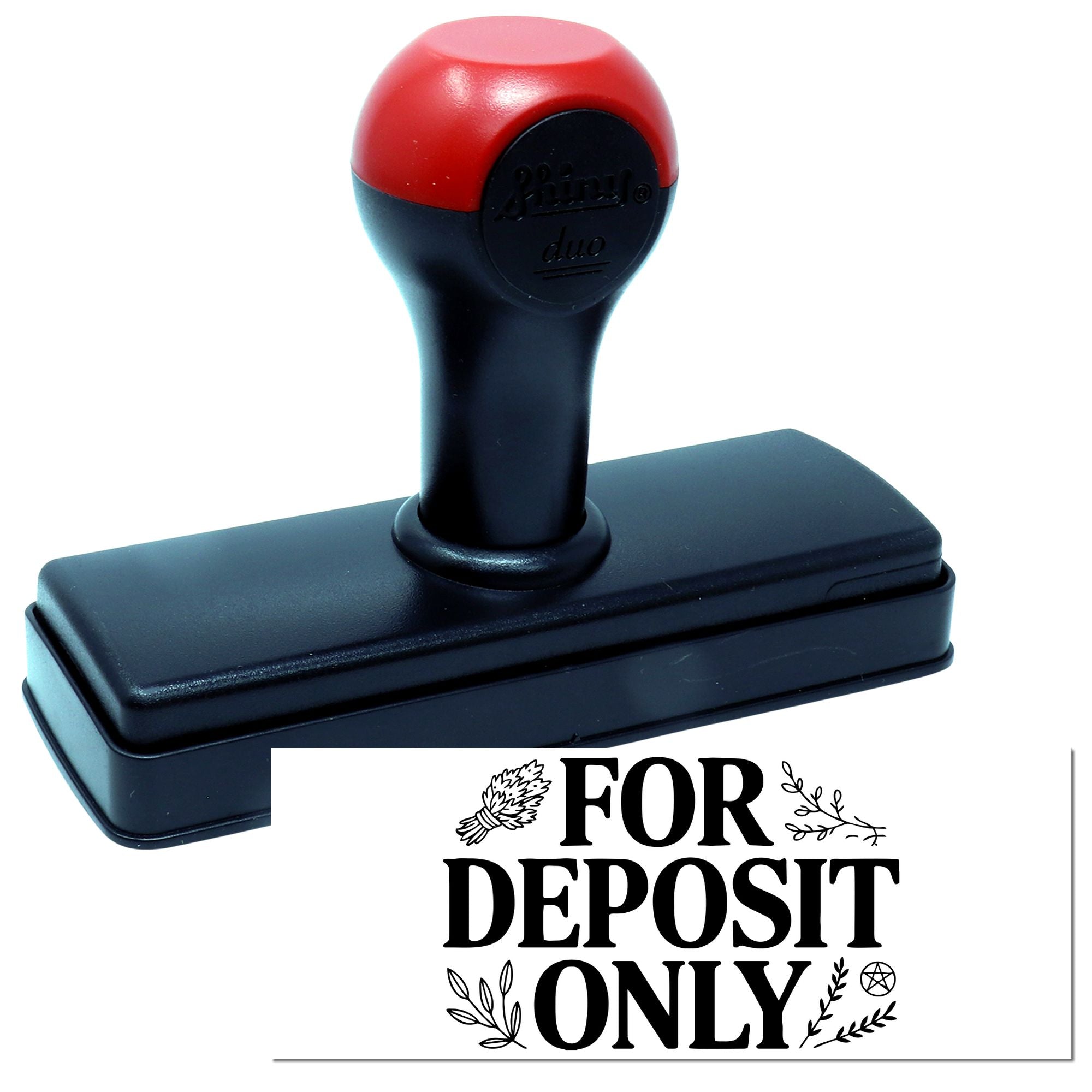 Red and black self-inking stamp with FOR DEPOSIT ONLY seal impression.