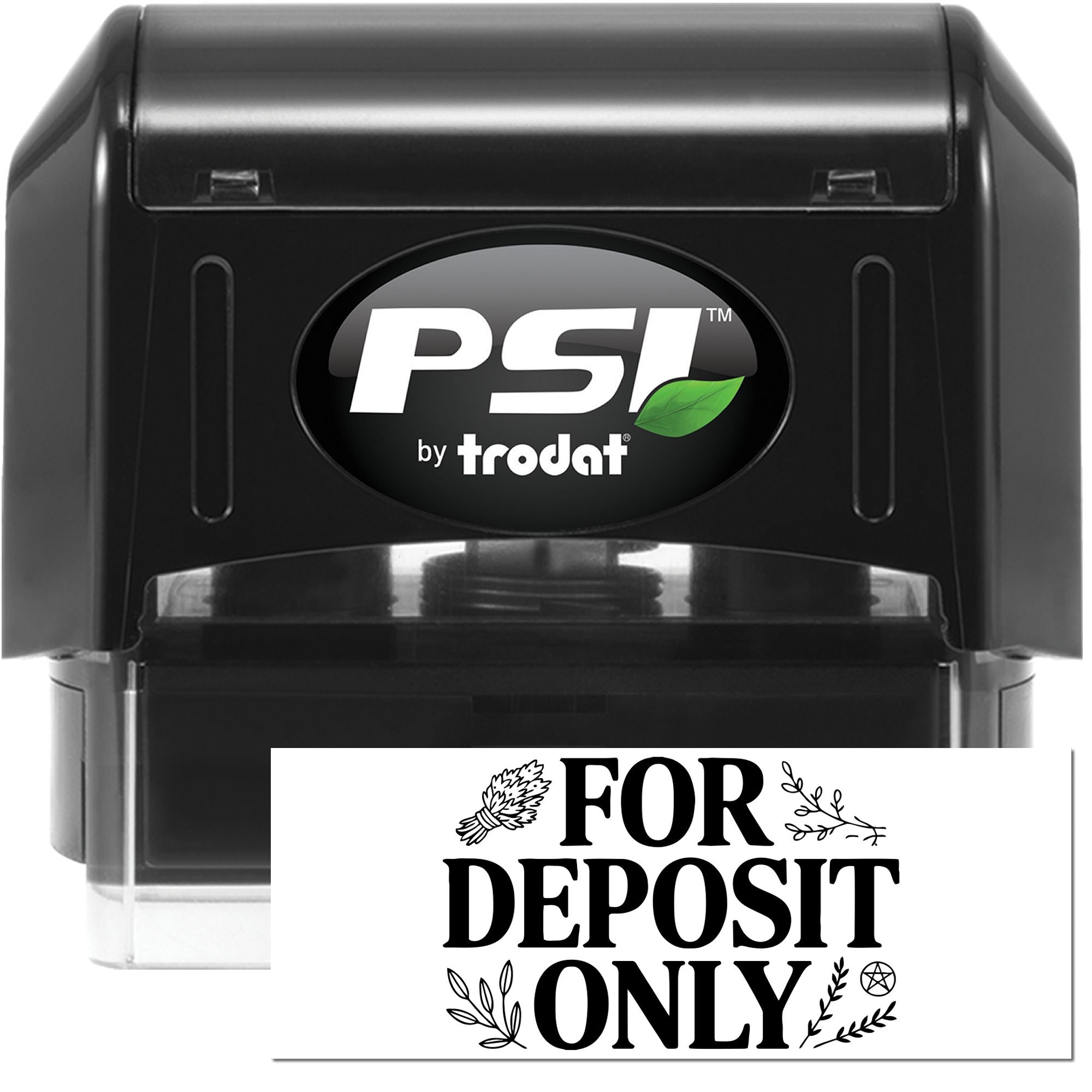 Black PSI by Trodat self-inking stamp with white FOR DEPOSIT ONLY bank deposit seal.
