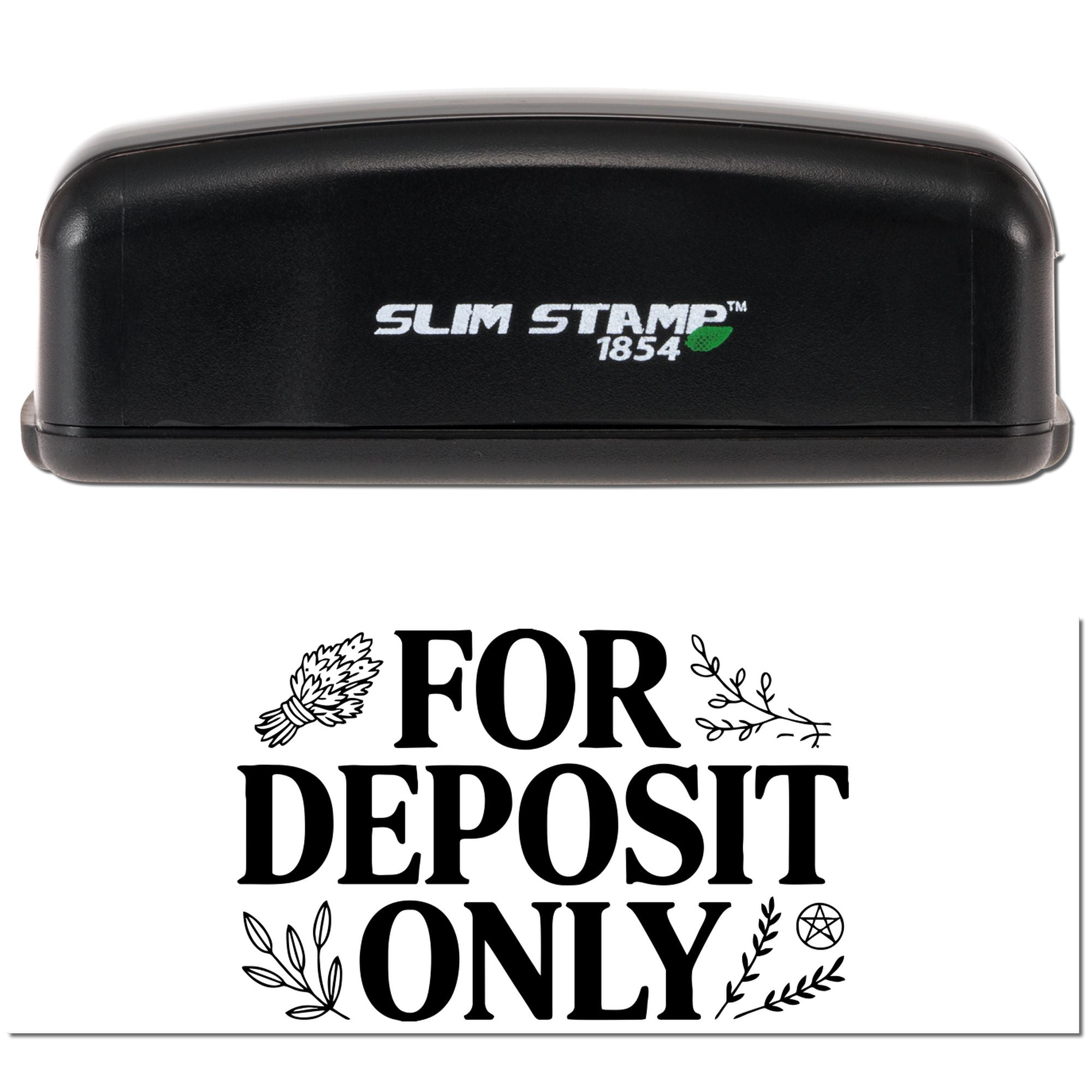 Black Slim Stamp 1854 stamp and seal with FOR DEPOSIT ONLY endorsement and decorative botanical accents.
