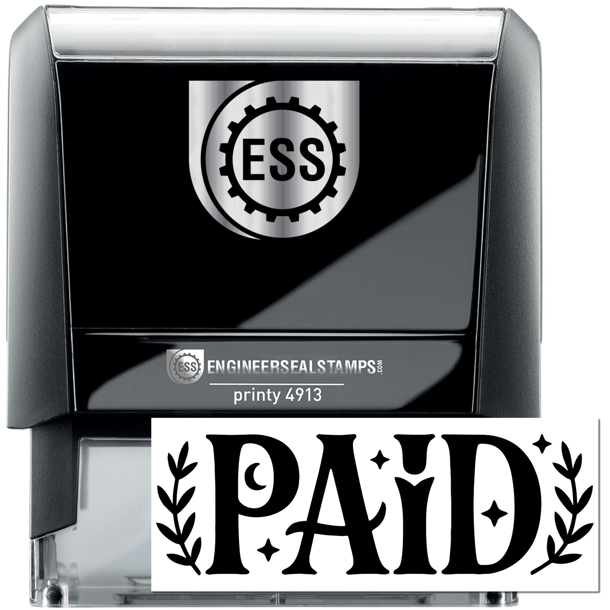 Black self-inking stamp with silver top, ESS logo, and bold white PAID seal graphic.