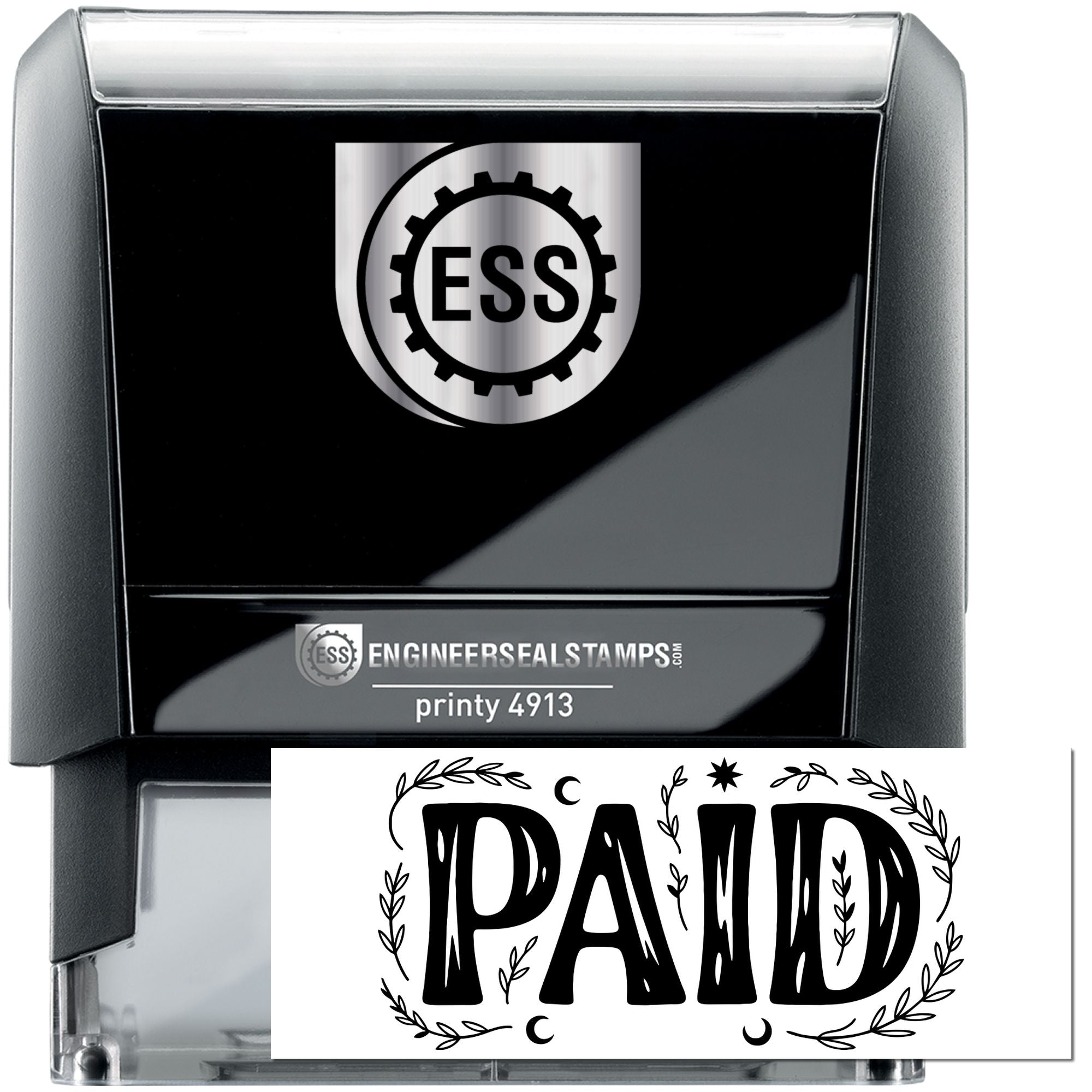 Black and gray self-inking engineer seal stamp with silver ESS logo and PAID seal insert.