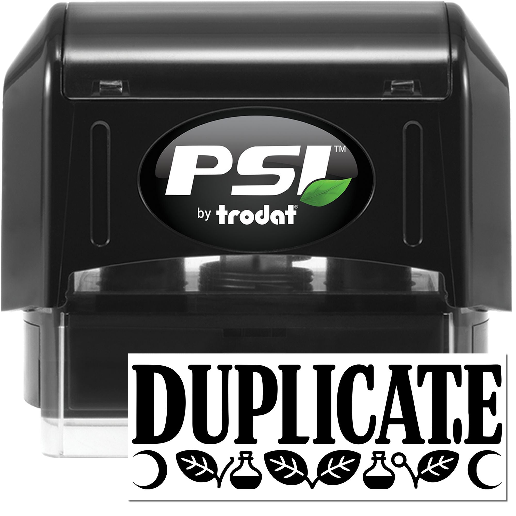 Black PSI by Trodat self-inking stamp and duplicate seal with green leaf logo
