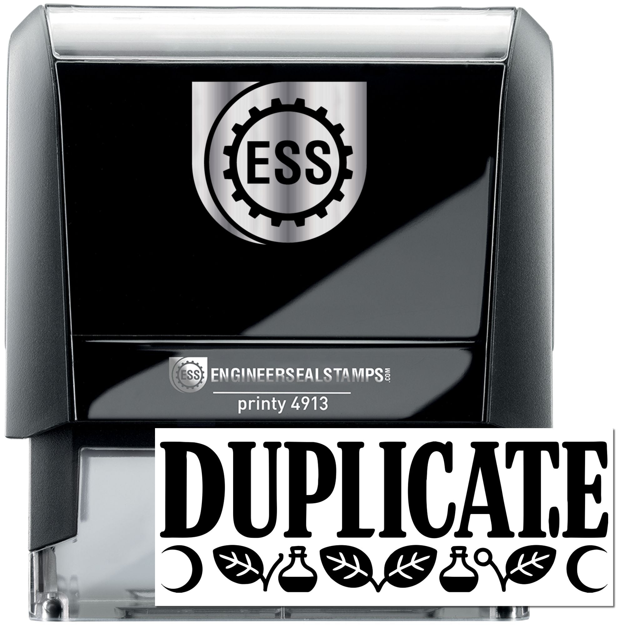 Black self-inking duplicate stamp and seal with silver ESS logo, metallic finish, and bold DUPLICATE text.