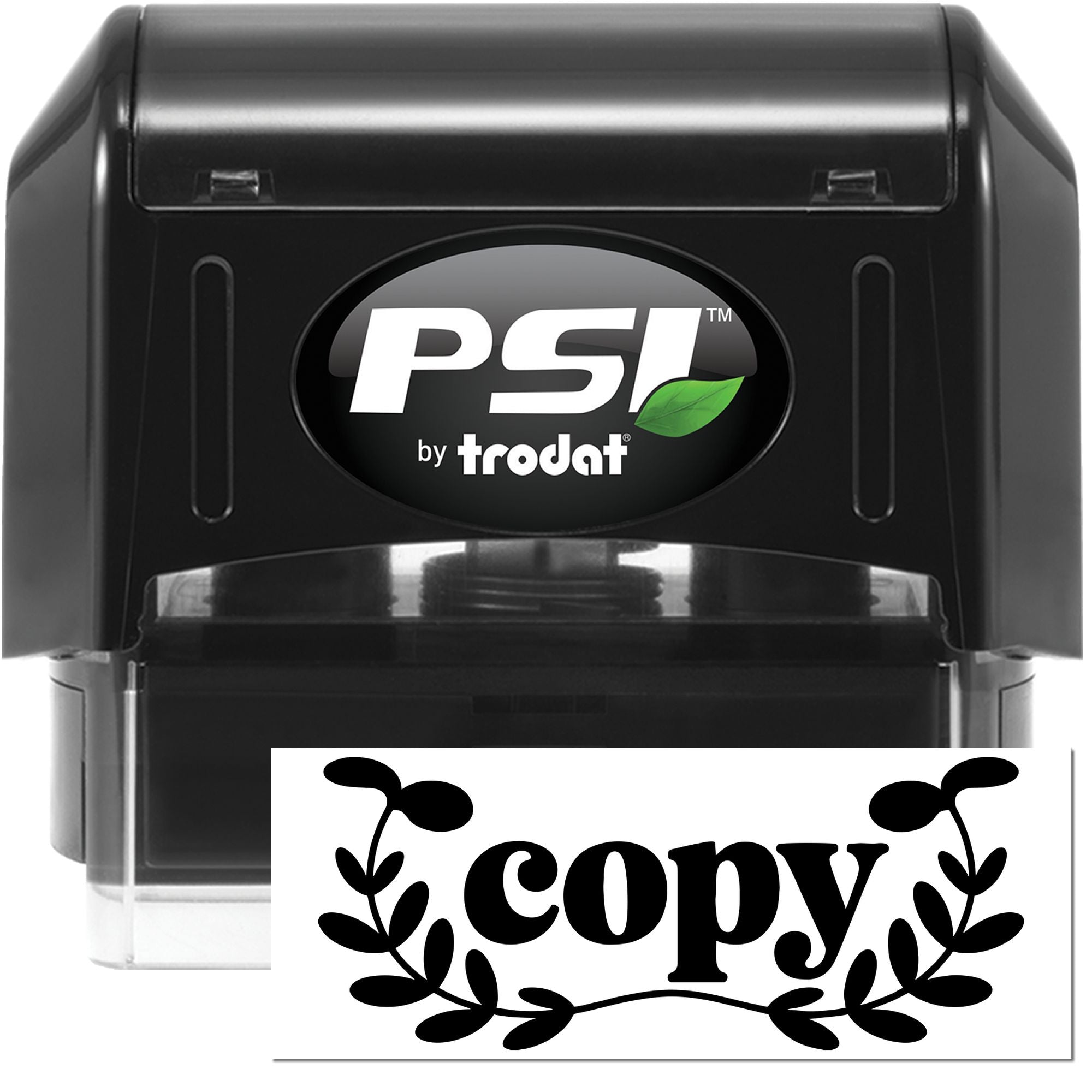 Black PSI by Trodat self-inking stamp and seal with green leaf logo and clear copy impression window.