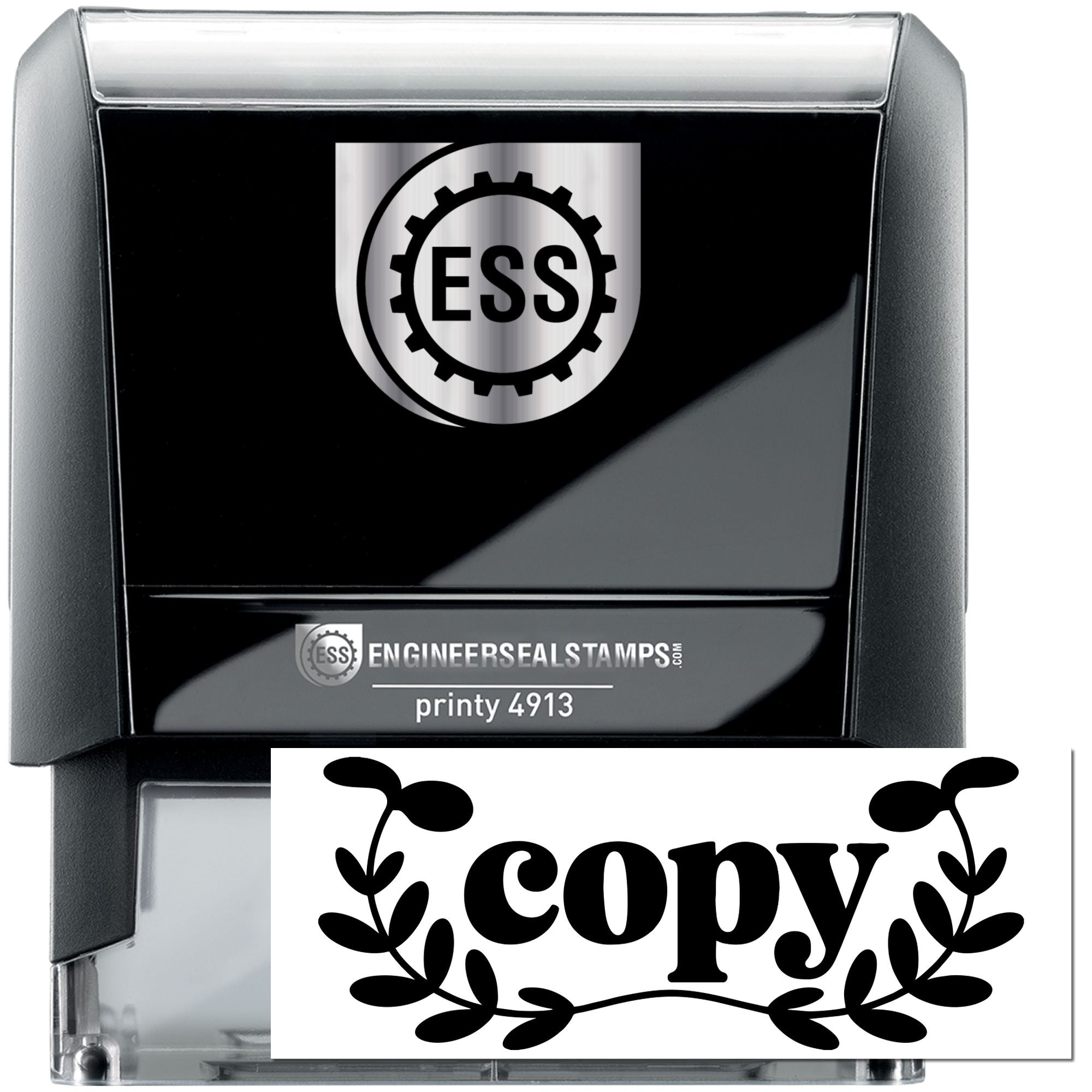 Black self-inking ESS stamp and seal, Printy 4913, with silver logo plate and white copy seal design.