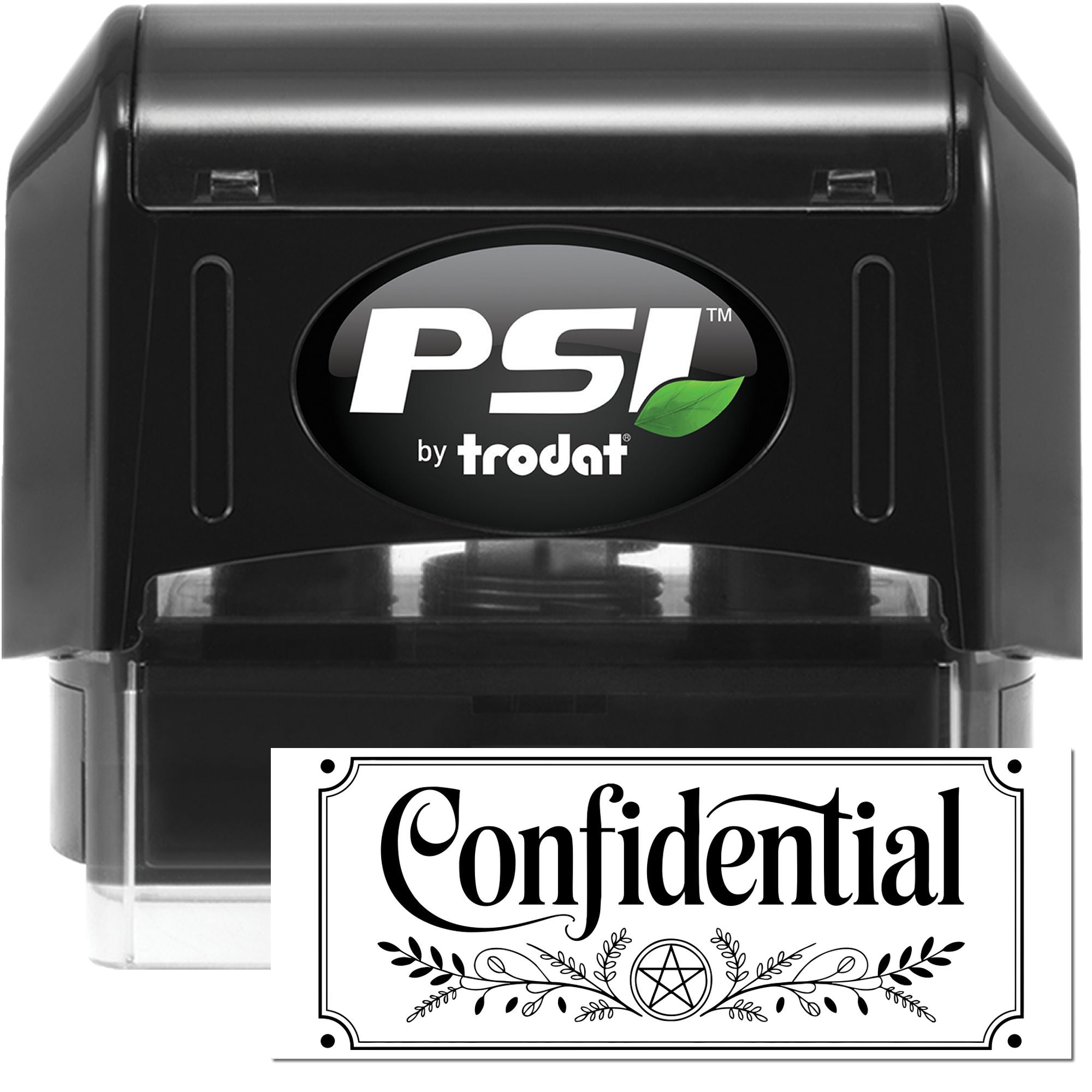 Black PSI by Trodat self-inking stamp and Confidential seal impression on white background
