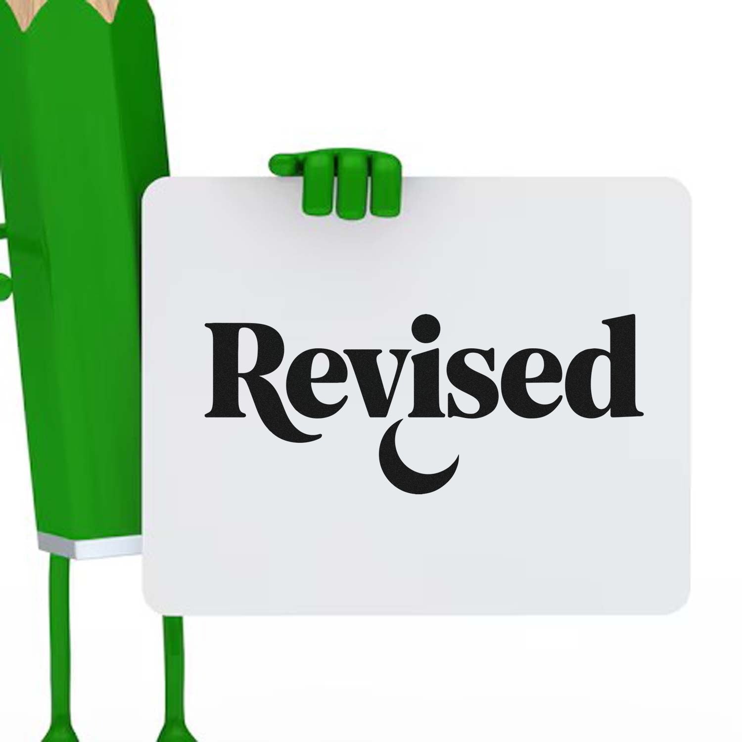 Green stamp mascot holds a white revision seal sign with bold black Revised text.