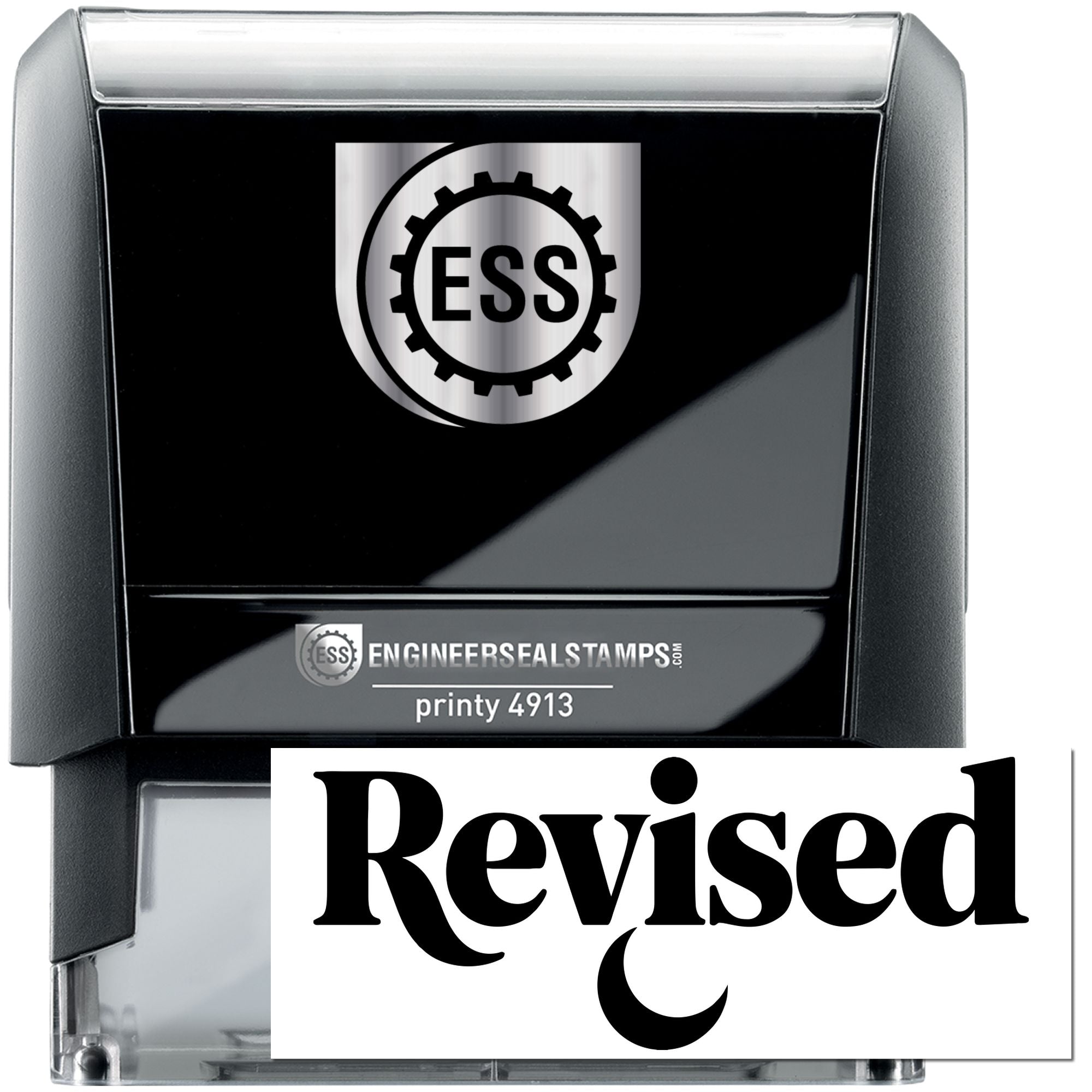 Black and silver self-inking stamp and seal with ESS logo and bold Revised imprint