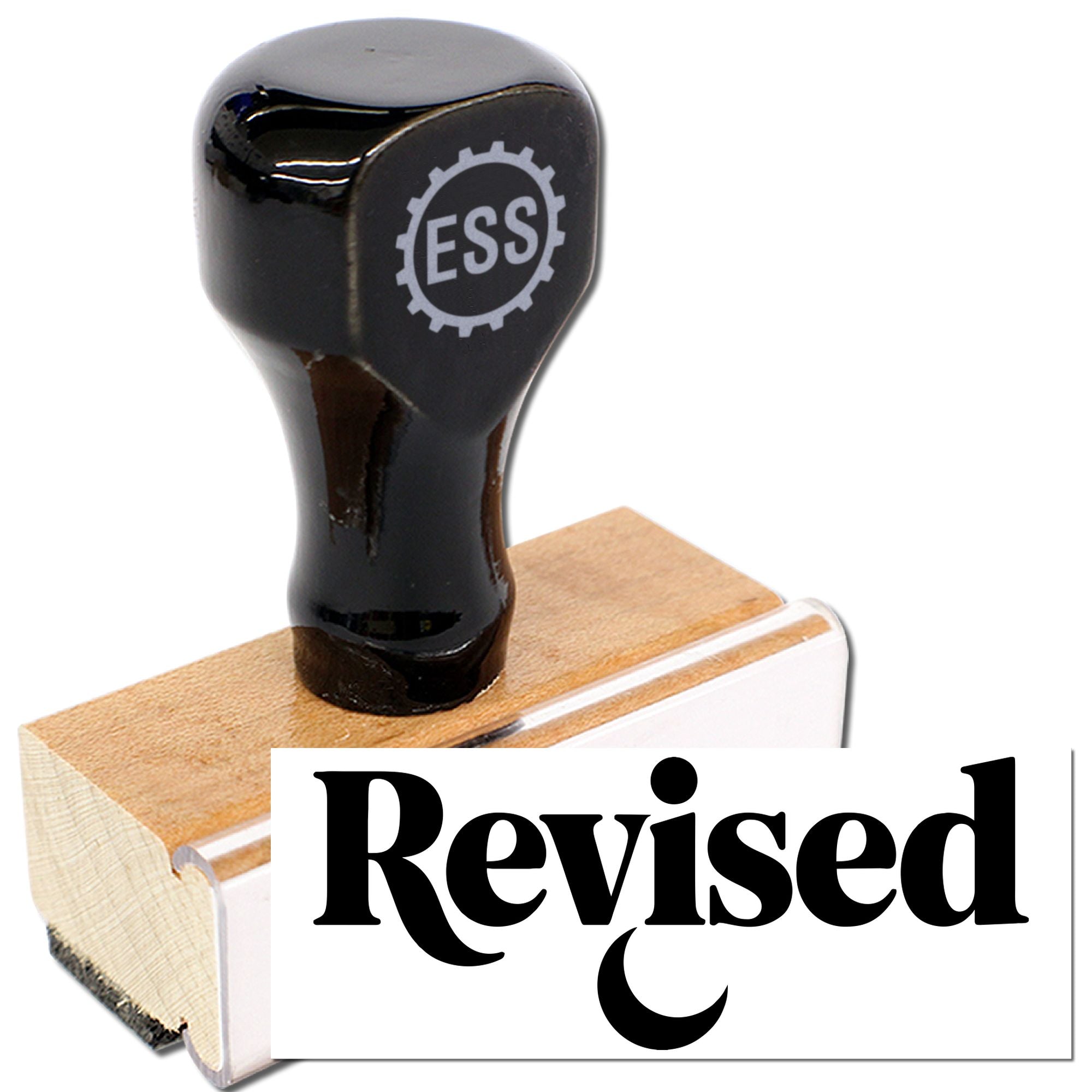 Black self-inking stamp and seal with ESS gear logo, imprinting bold Revised on white paper.