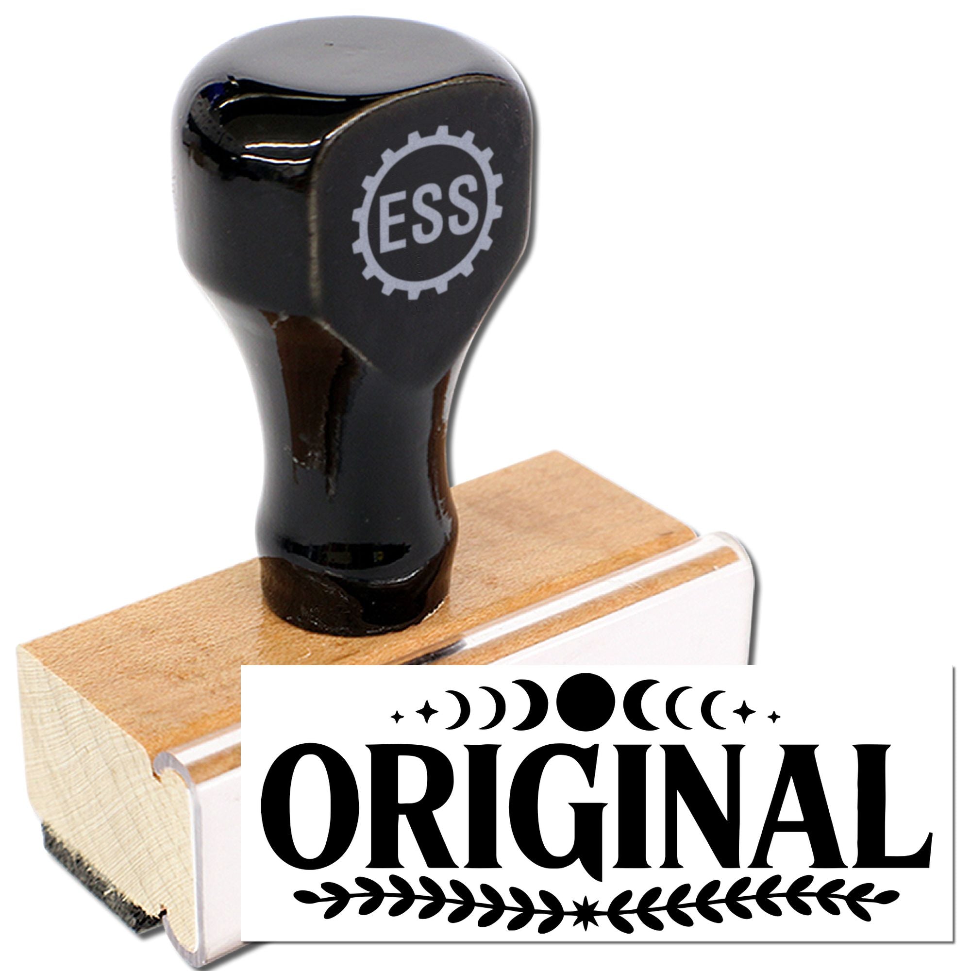 Black rubber stamp with ESS logo and white ORIGINAL seal graphic on a wooden block