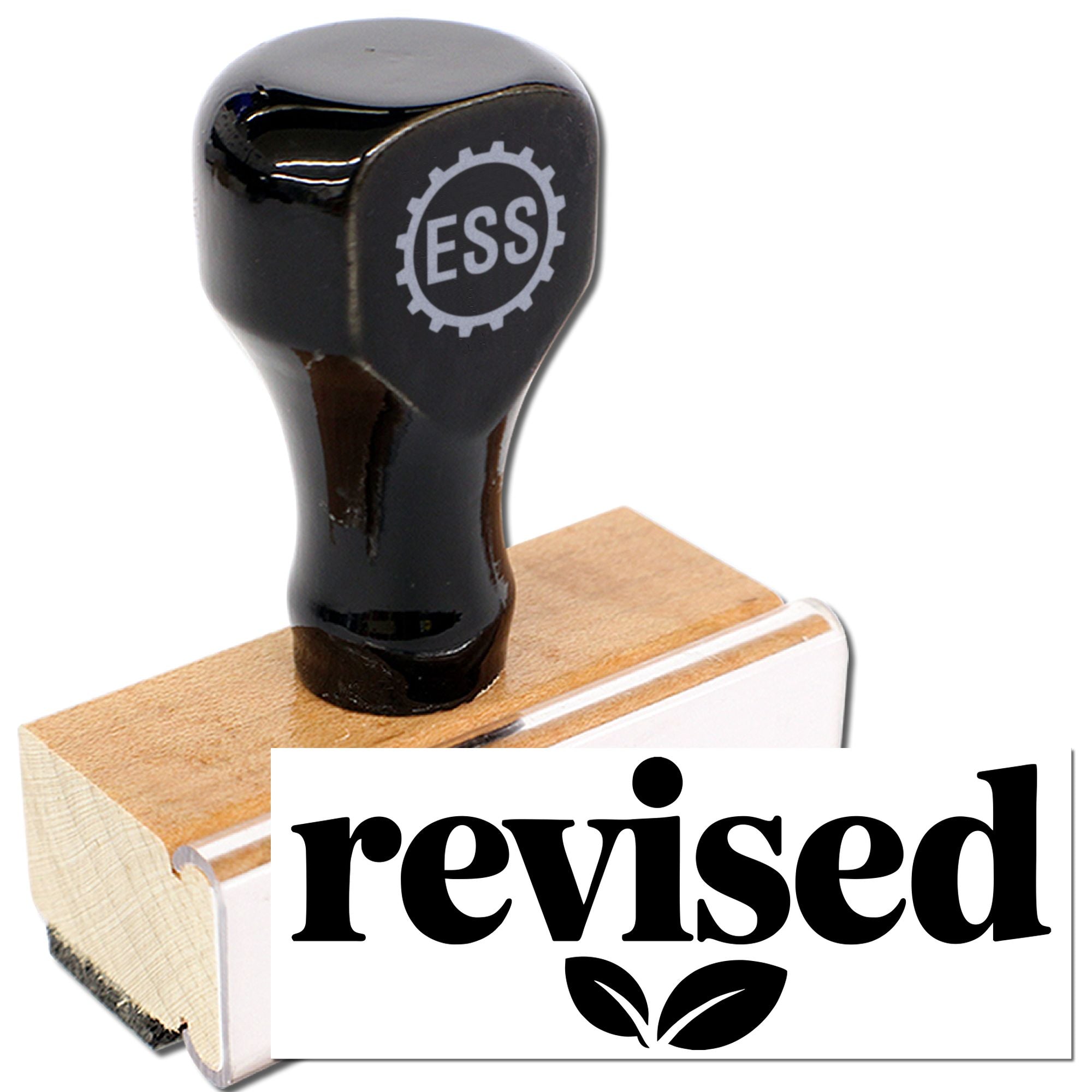 Black ESS stamp and seal on a wooden base, showing bold black revised text with a leaf icon.