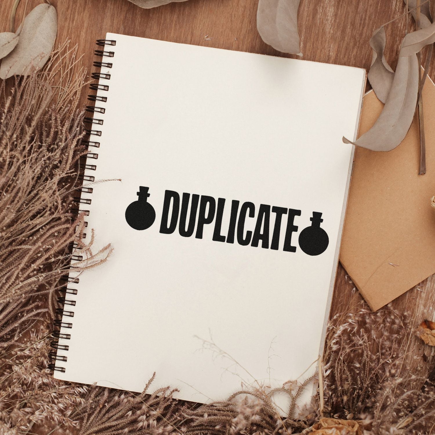 Cream spiral notebook with black DUPLICATE stamp and seal design on brown wood, surrounded by dried beige leaves.