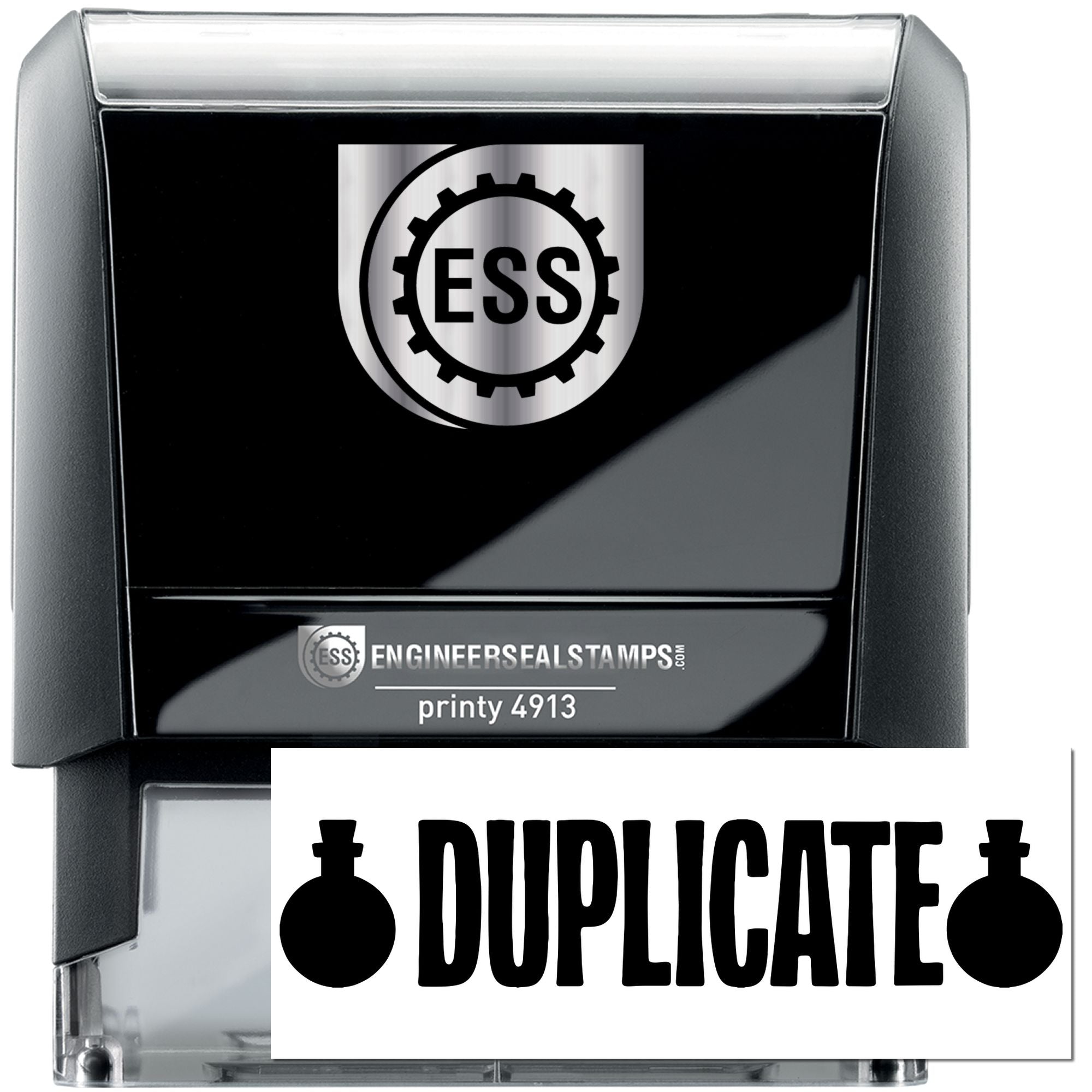 Black and silver self-inking engineer seal stamp with ESS logo and DUPLICATE text on white imprint.