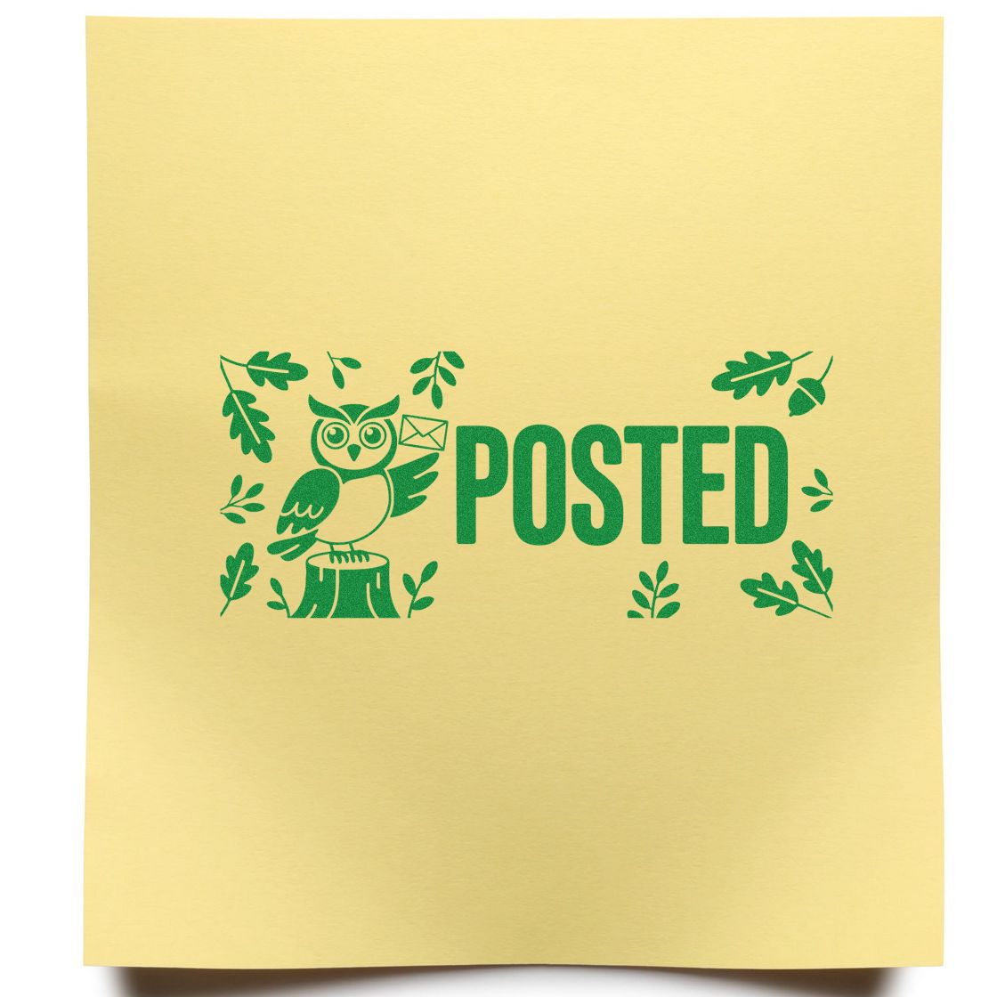 Green owl POSTED stamp and seal design on pale yellow background, with leaves and envelope.