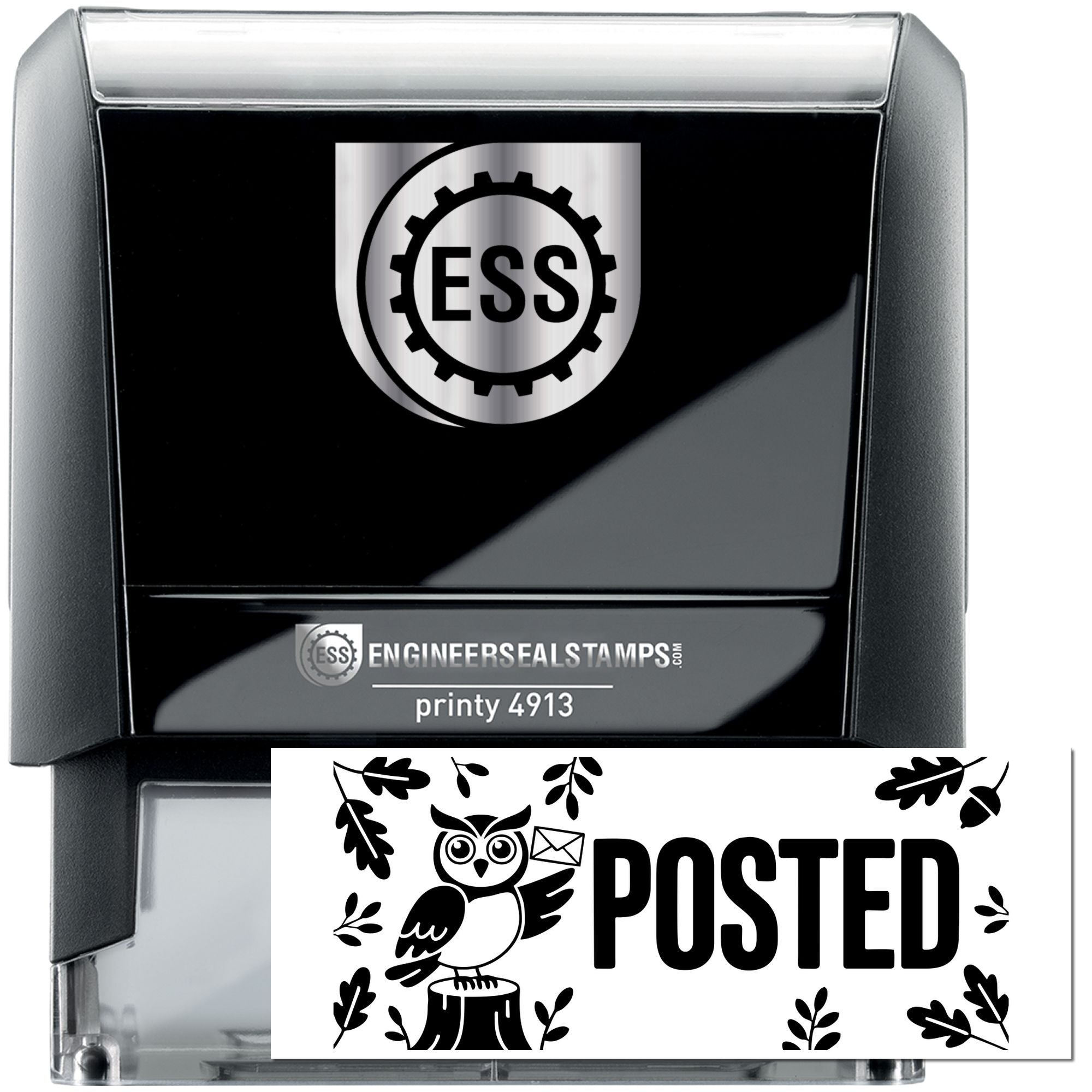 Black and gray ESS self-inking stamp and seal with Posted owl design, gear logo, and printy 4913 label