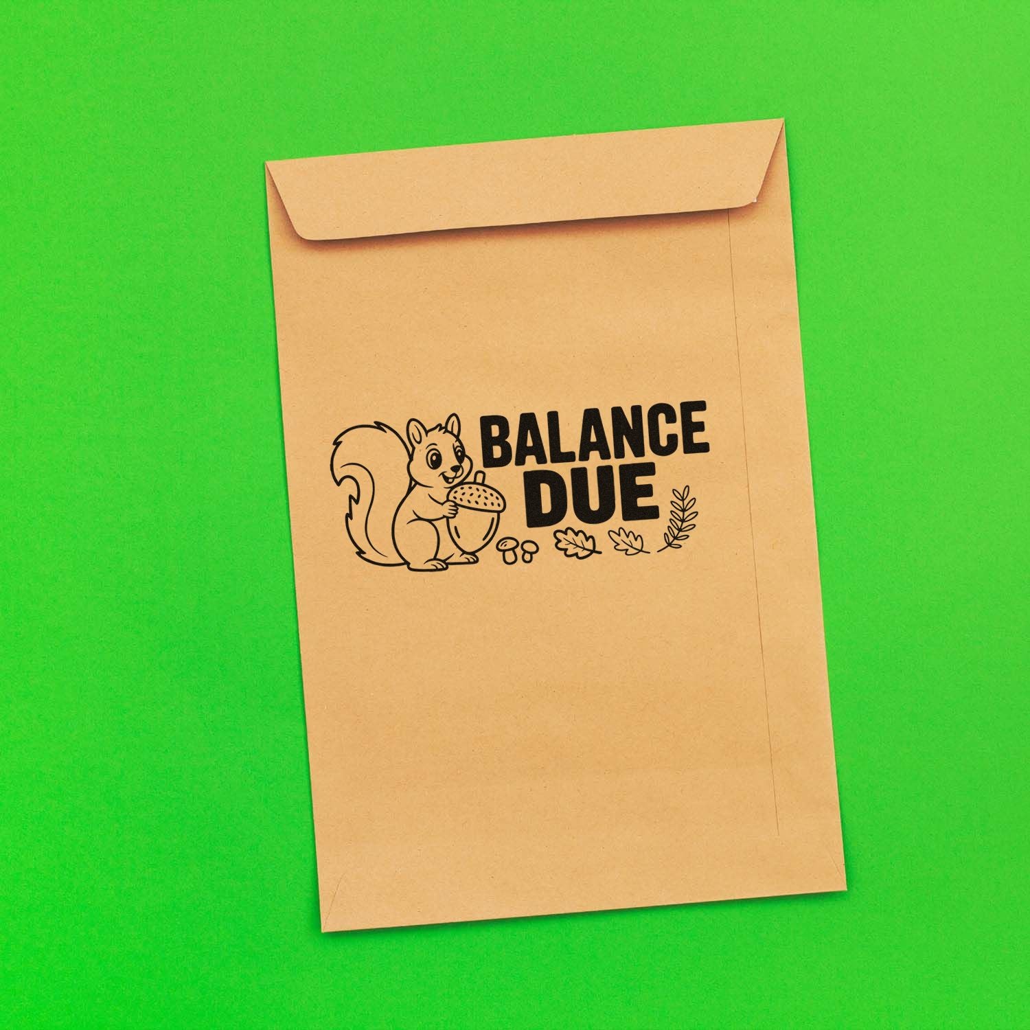 Tan kraft envelope with black Balance Due stamp and squirrel-acorn seal design on bright green background.