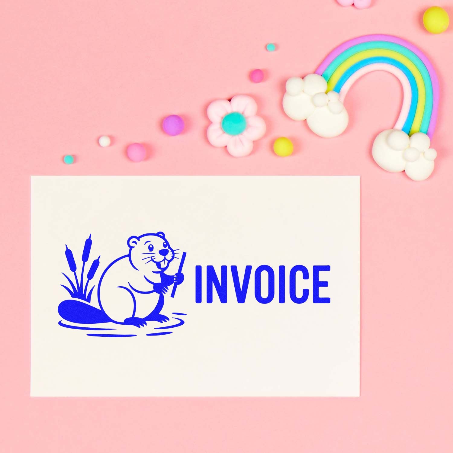 Blue invoice stamp and seal with beaver logo on white card, pink background, pastel rainbow and flowers.