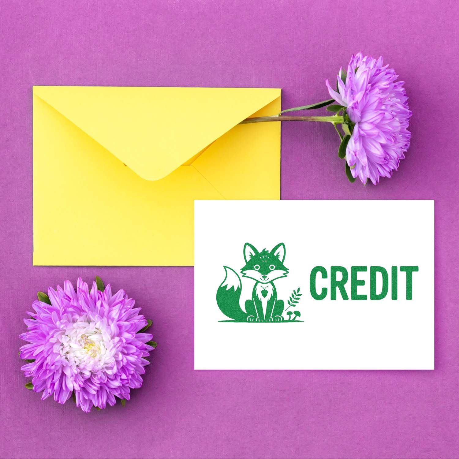Yellow envelope, purple flowers, and a white credit stamp and seal card with green fox logo on a purple background.