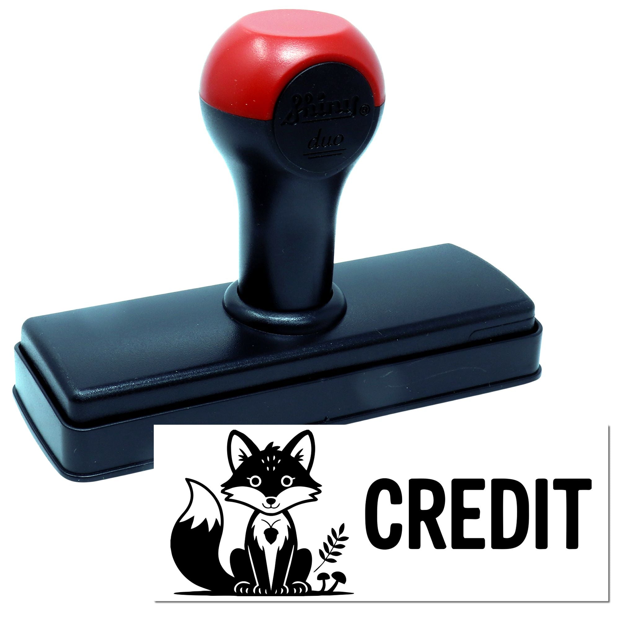 Red-and-black self-inking stamp and seal with fox logo and CREDIT imprint