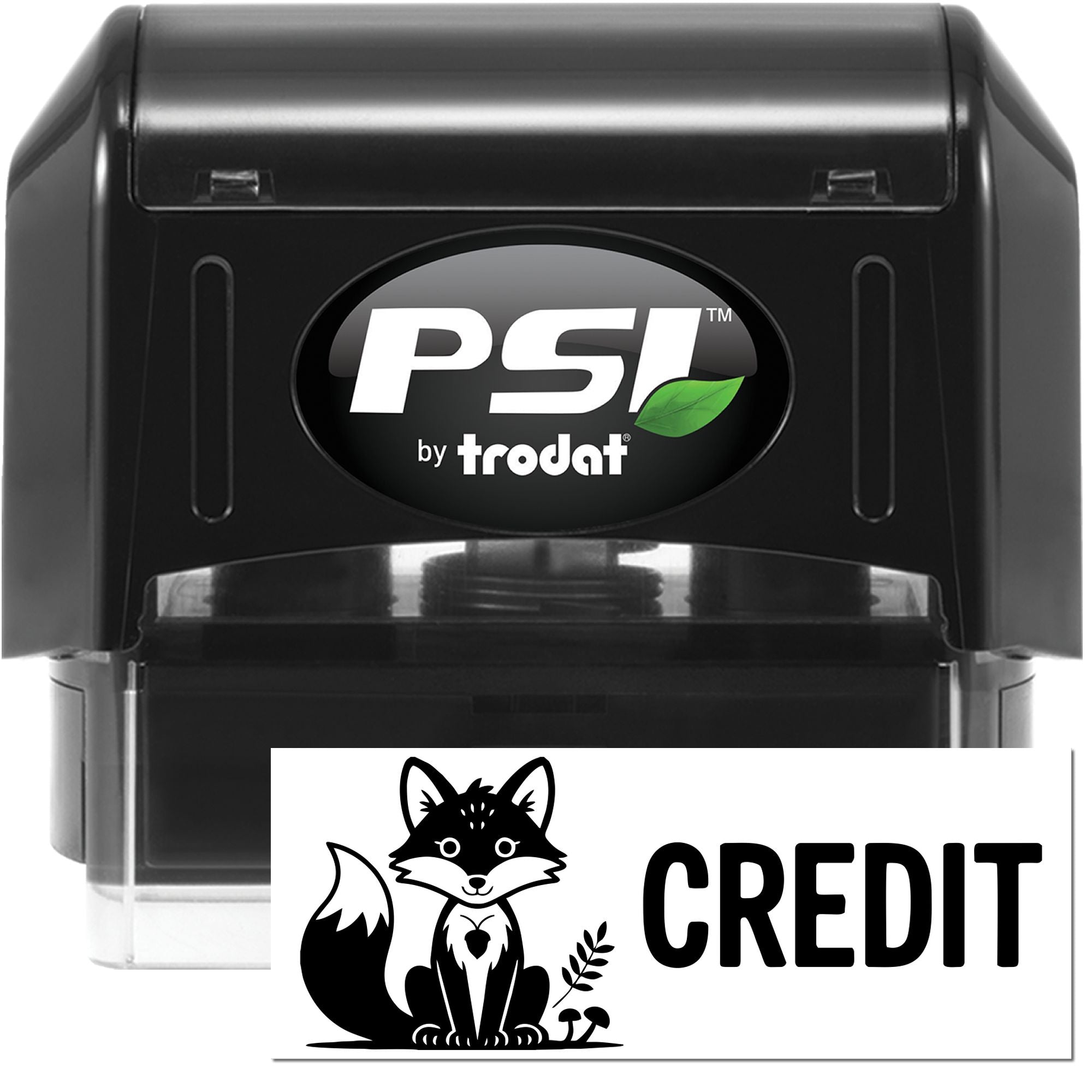 Black PSI by Trodat self-inking stamp and seal with fox logo, CREDIT text, black casing, and clear base.
