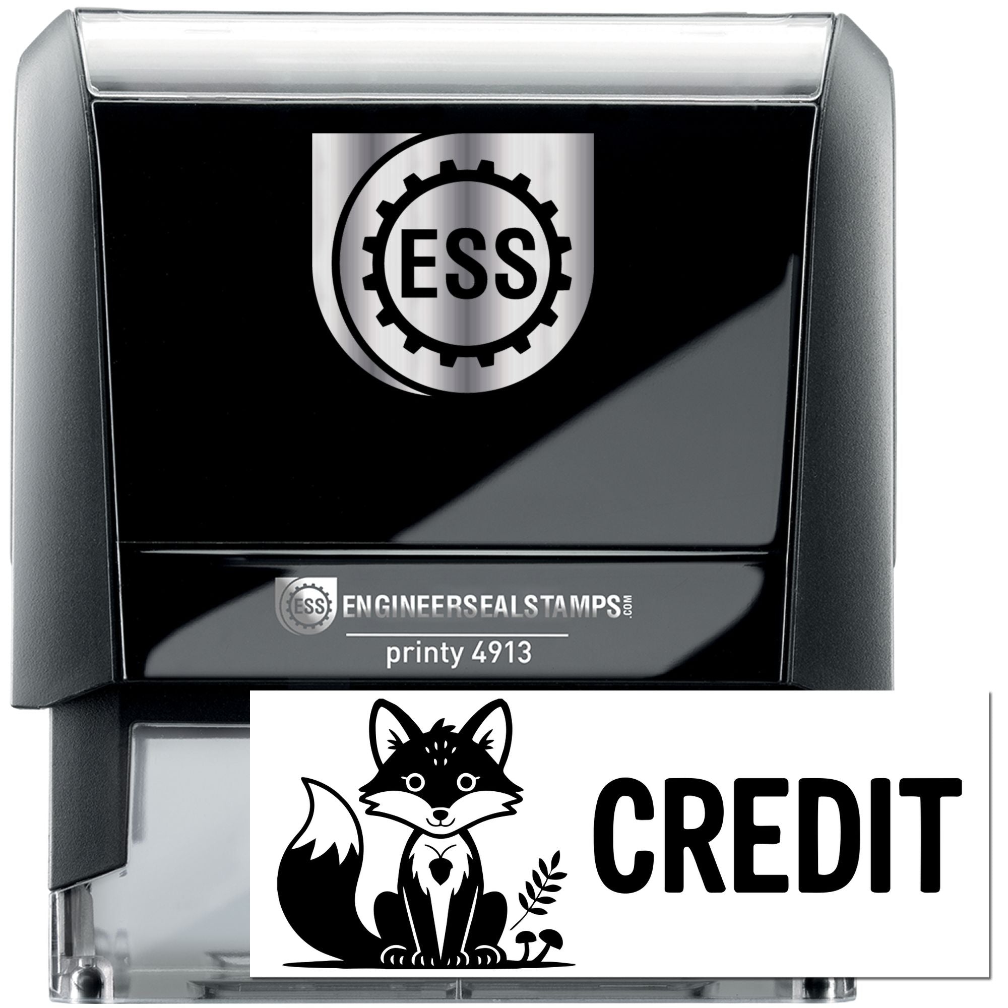 Black self-inking ESS stamp and seal, silver-topped Printy 4913, with fox credit seal and logo.