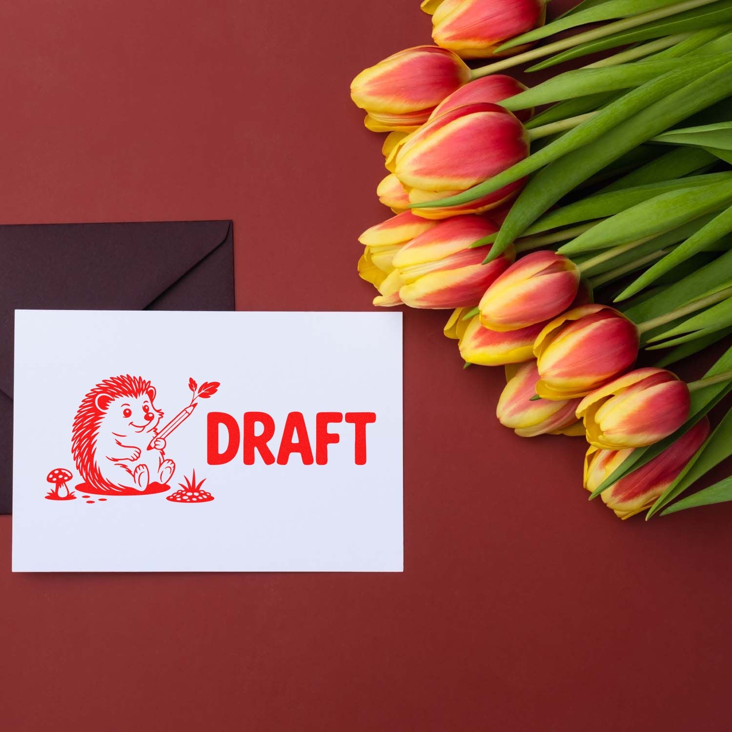 White card with red DRAFT rubber stamp and hedgehog seal beside pink-yellow tulips on a burgundy background.