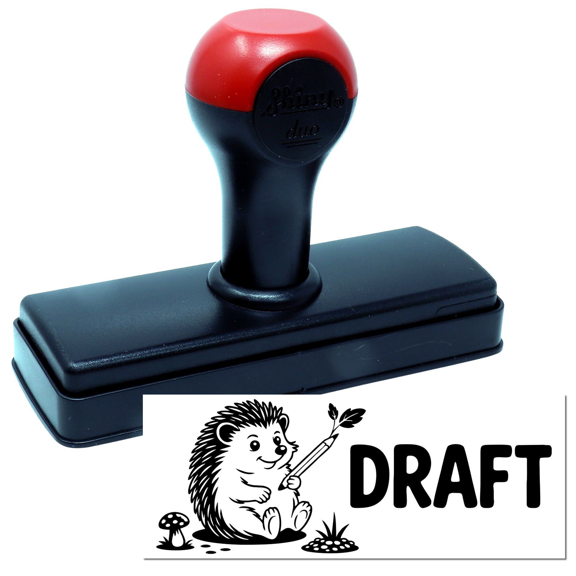 Red and black self-inking stamp and seal with DRAFT hedgehog graphic.
