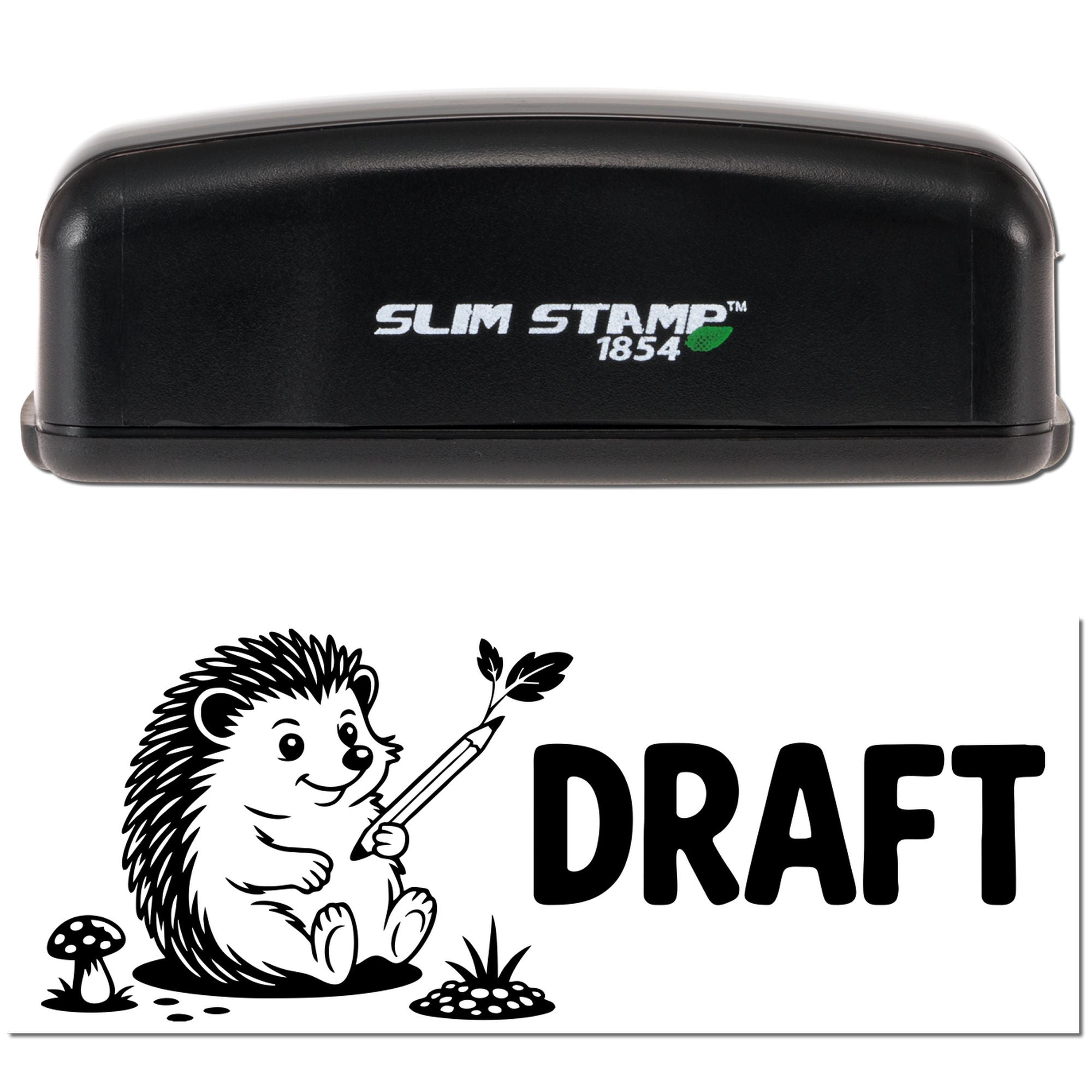 Black Slim Stamp 1854 self-inking stamp with draft hedgehog seal impression in black and white