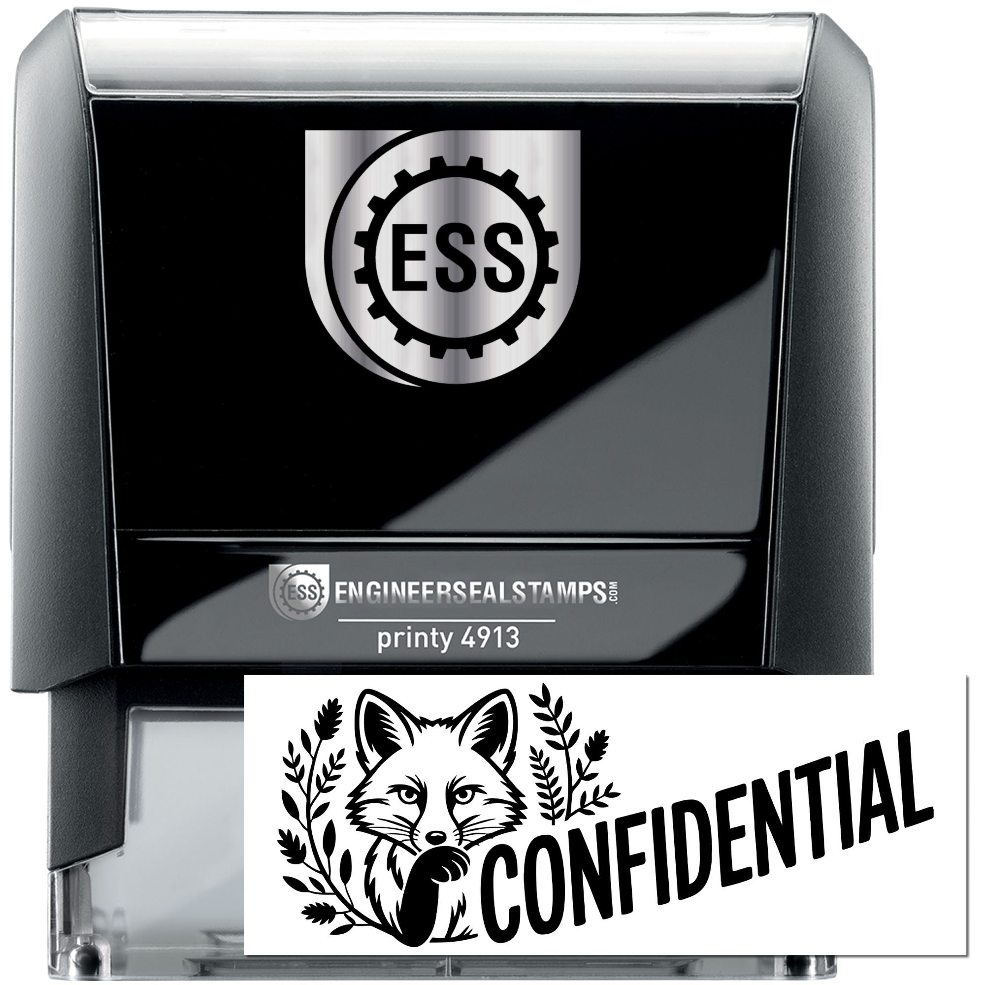 Black ESS engineer seal stamp, self-inking with silver case and bold CONFIDENTIAL fox imprint