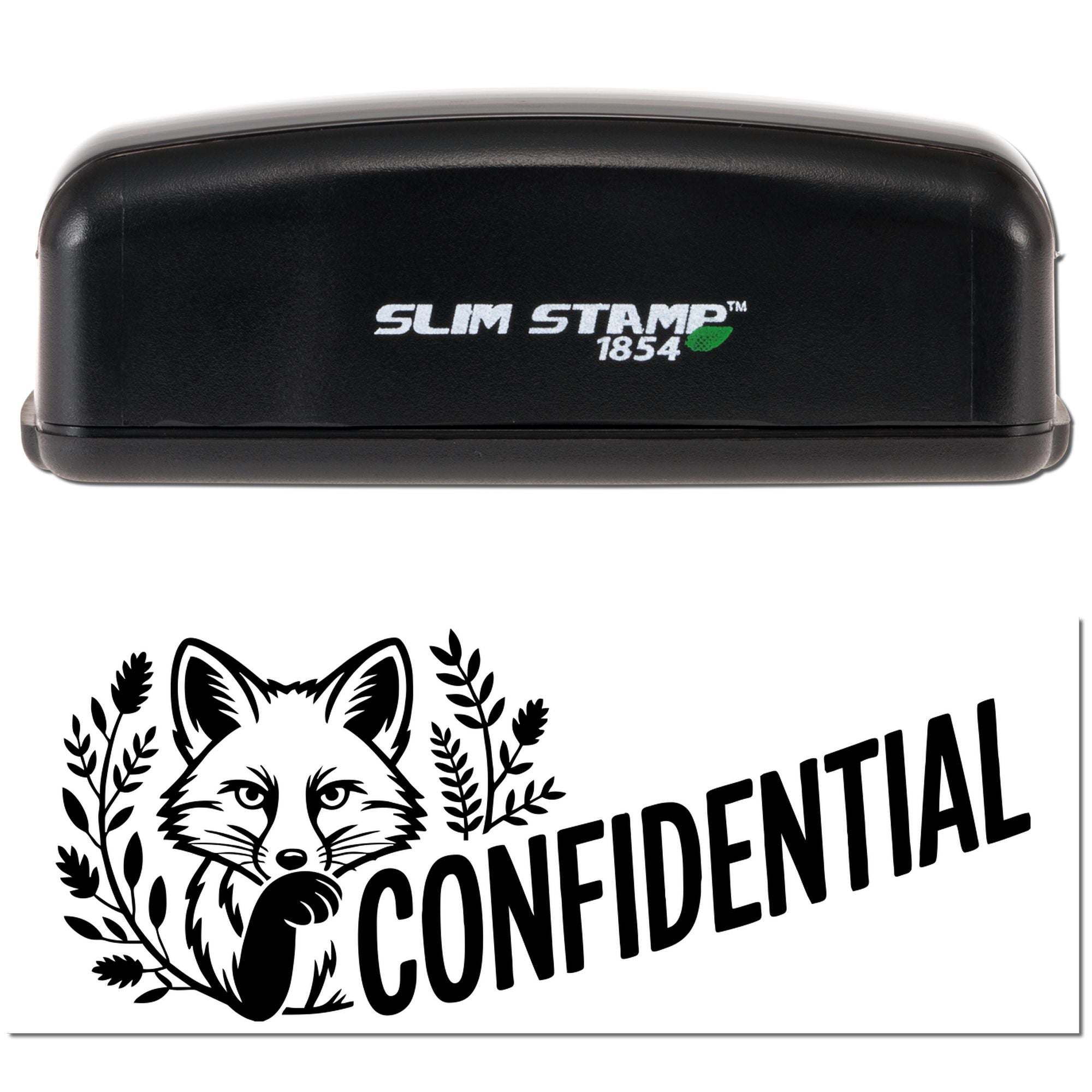 Black Slim Stamp 1854 stamp and fox-themed CONFIDENTIAL seal in bold black on white background.