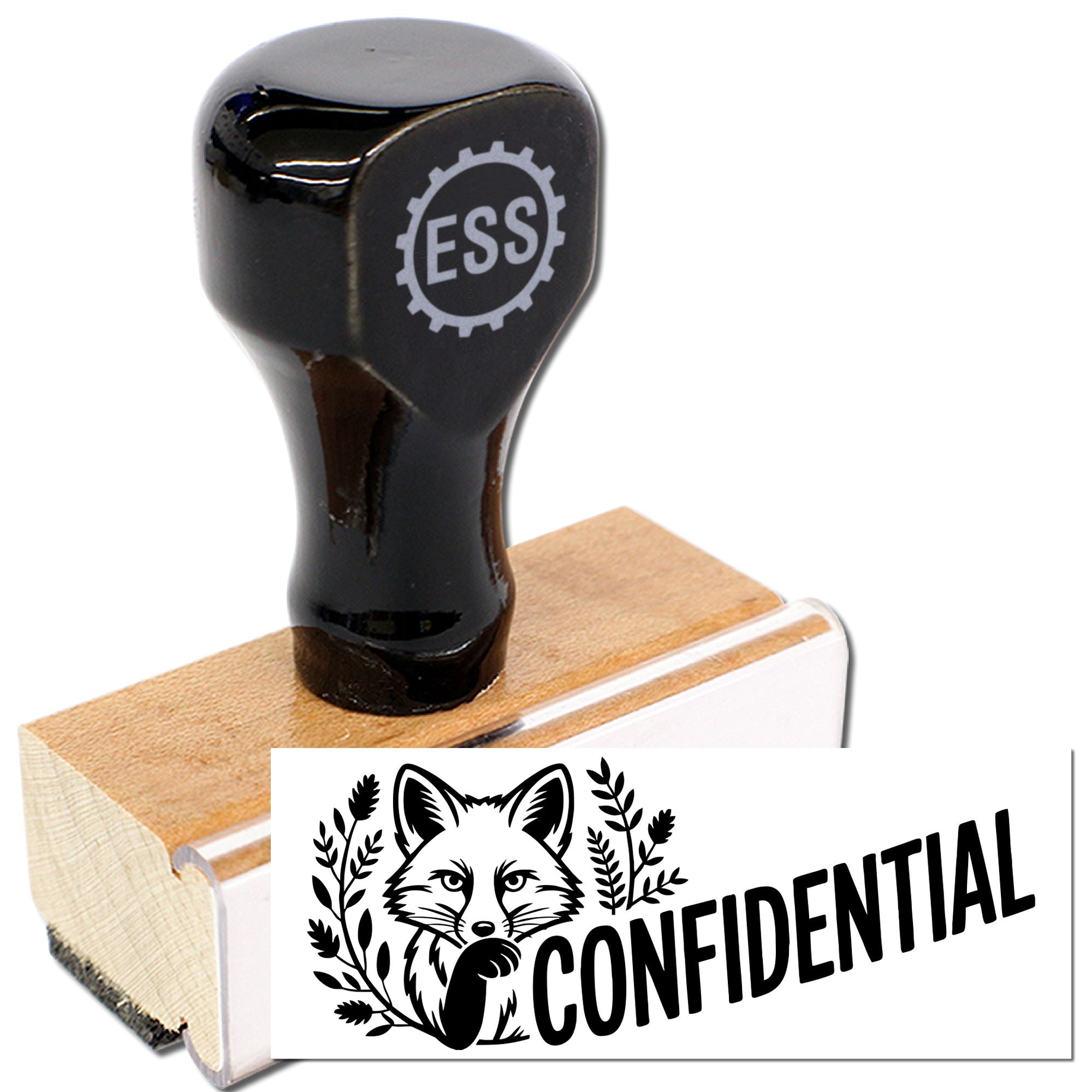 Glossy black ESS confidential stamp and seal with wooden handle and fox design on white background.