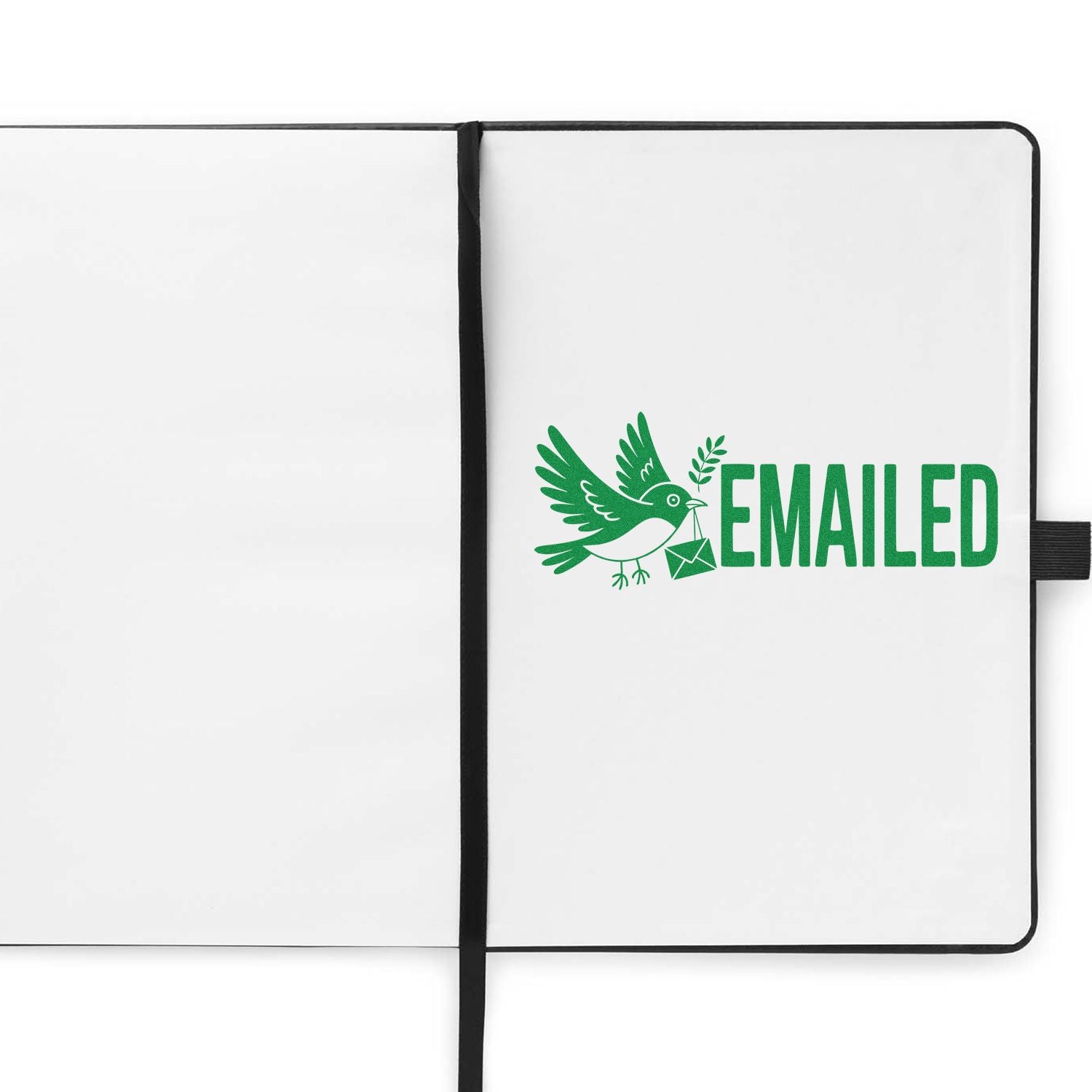 White planner with black ribbon and green EMAILED stamp seal featuring a bird carrying an envelope