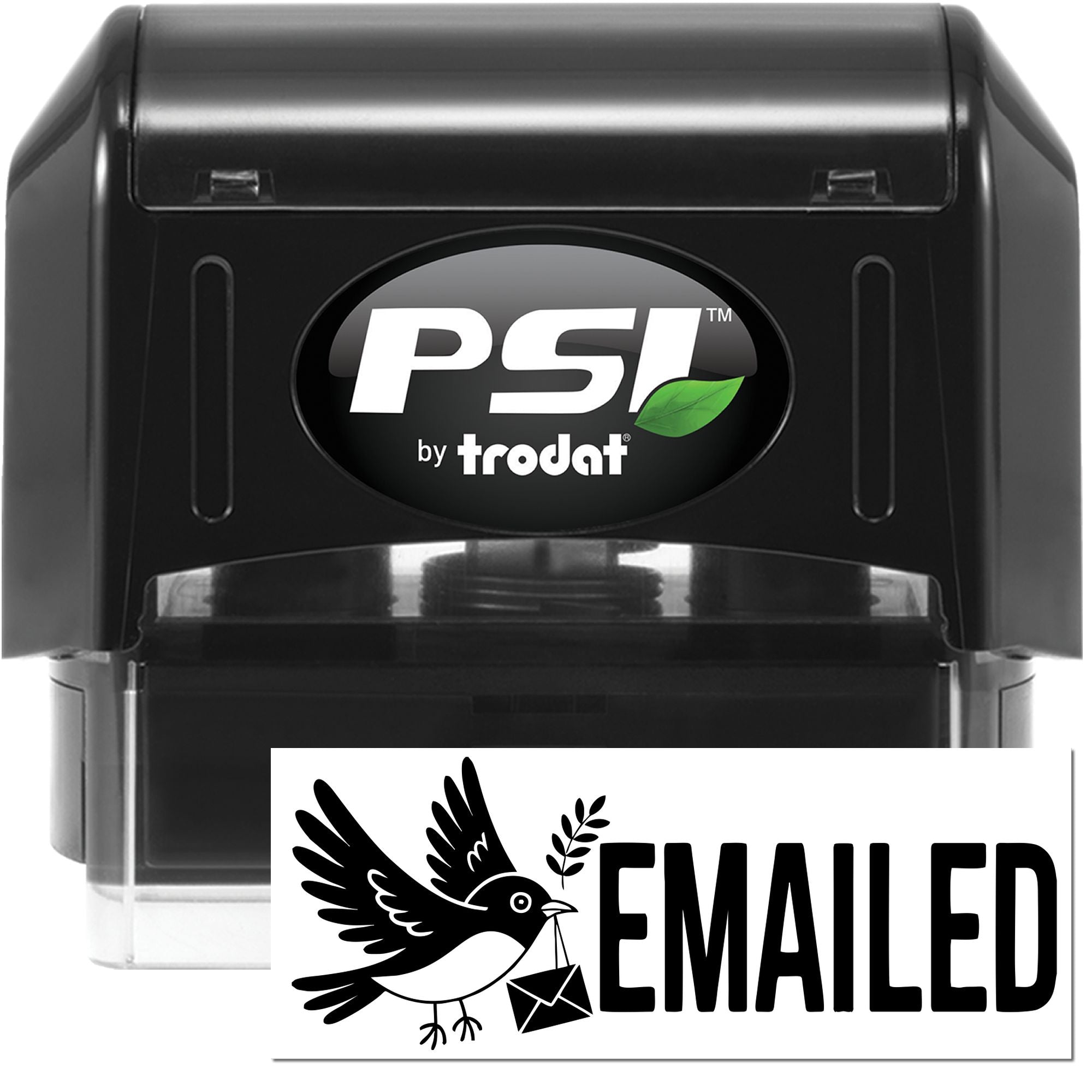 Black PSI by Trodat self-inking stamp with green leaf logo and bold EMAILED seal impression.