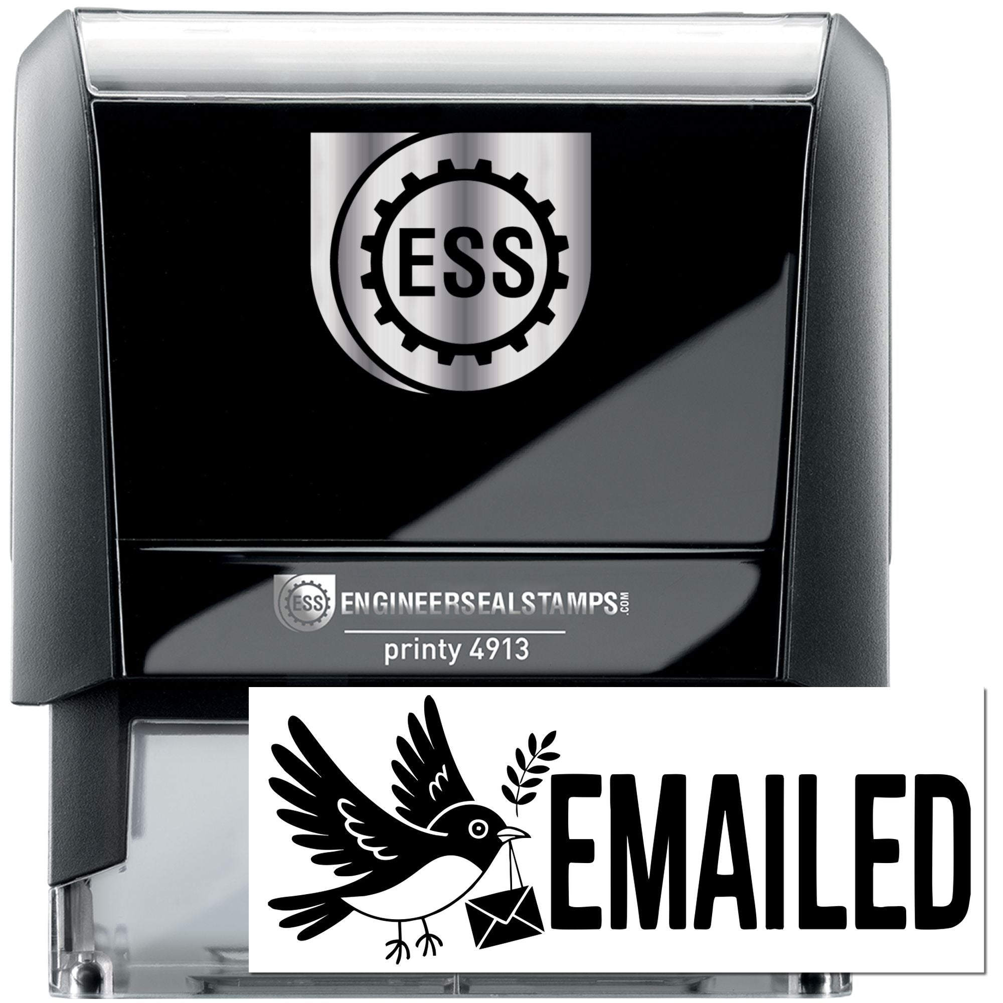 Black self-inking stamp and seal set with silver ESS logo and white EMAILED bird carrying an envelope.