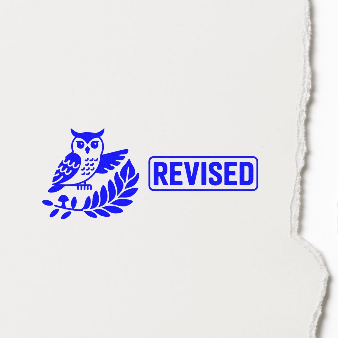 Blue owl and leaf stamp with REVISED seal on white torn-edge paper