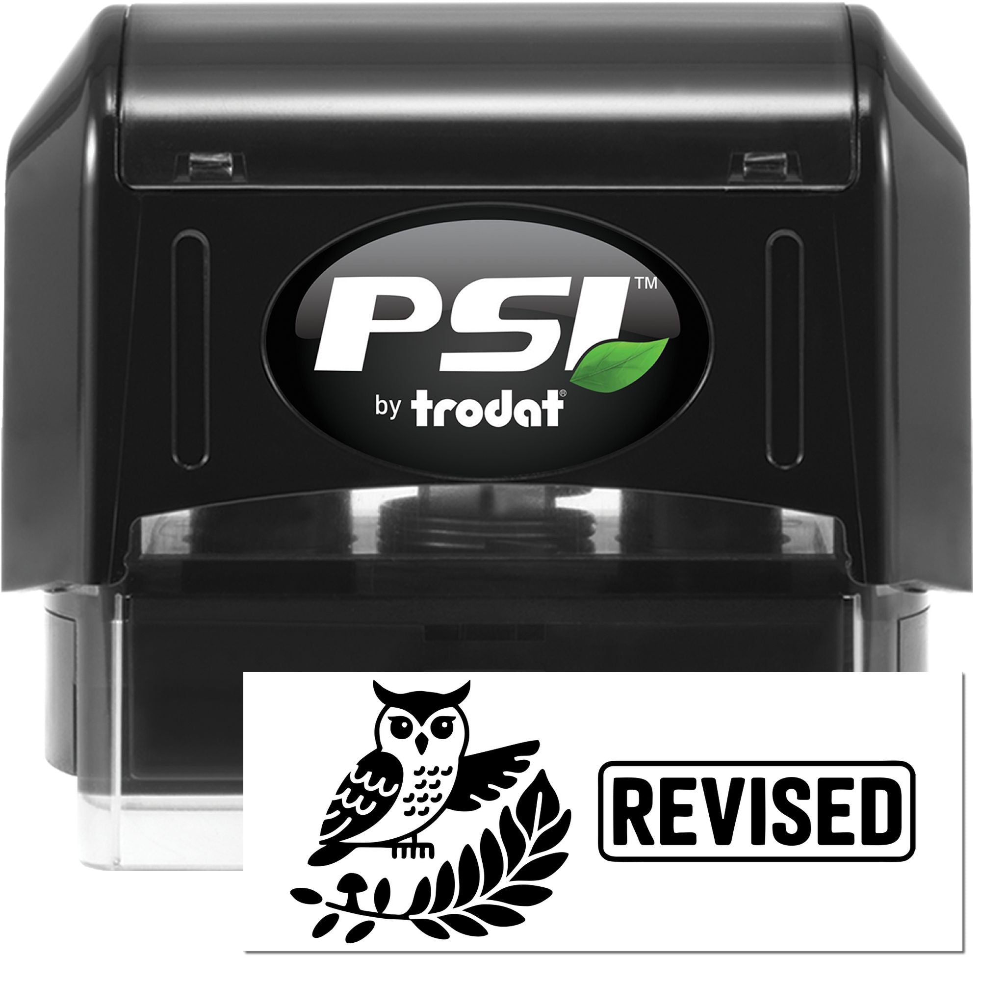 Black PSI by Trodat self-inking stamp with a black owl-and-leaf Revised seal impression on a white card.