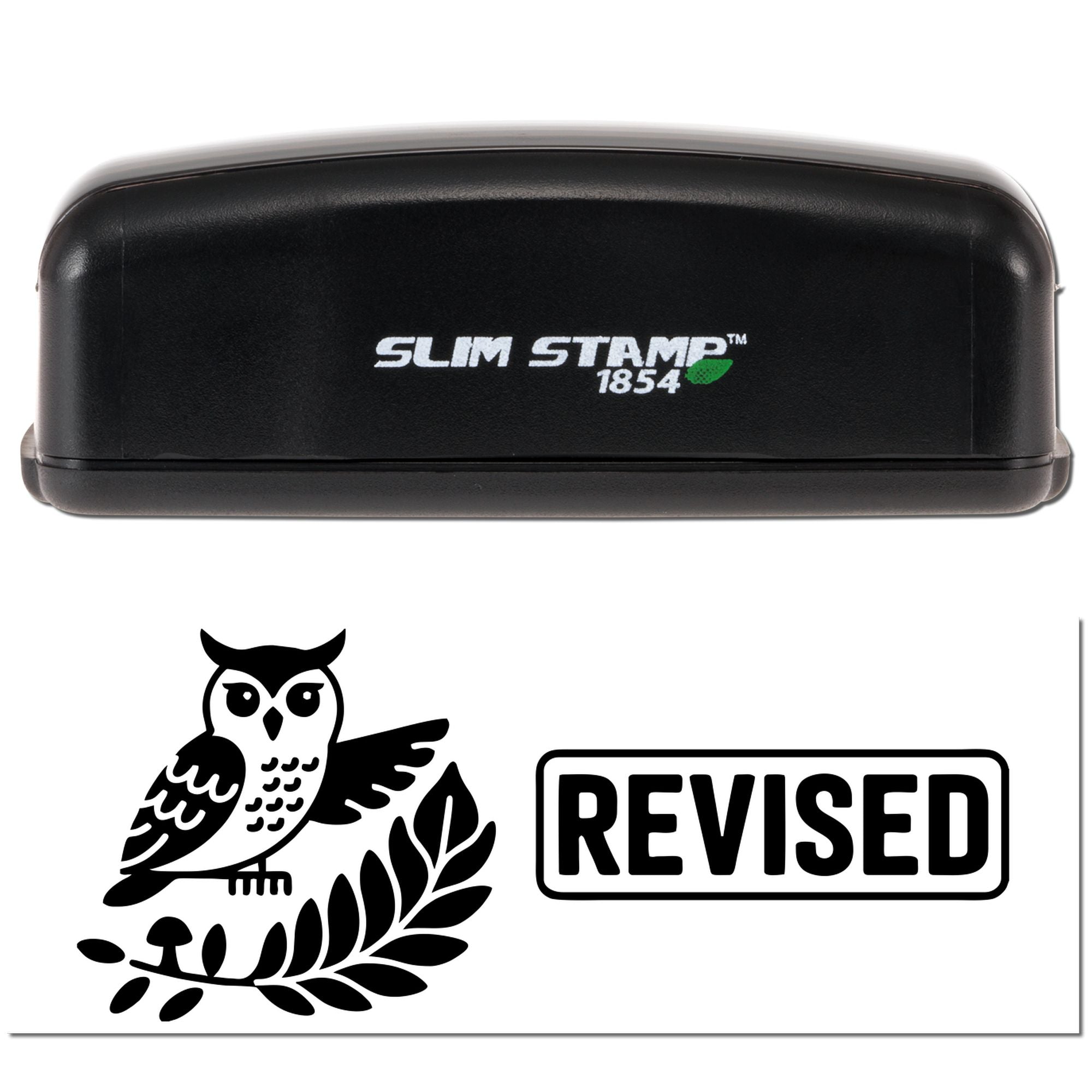 Black Slim Stamp 1854 self-inking stamp with owl-and-leaves REVISED seal impression.