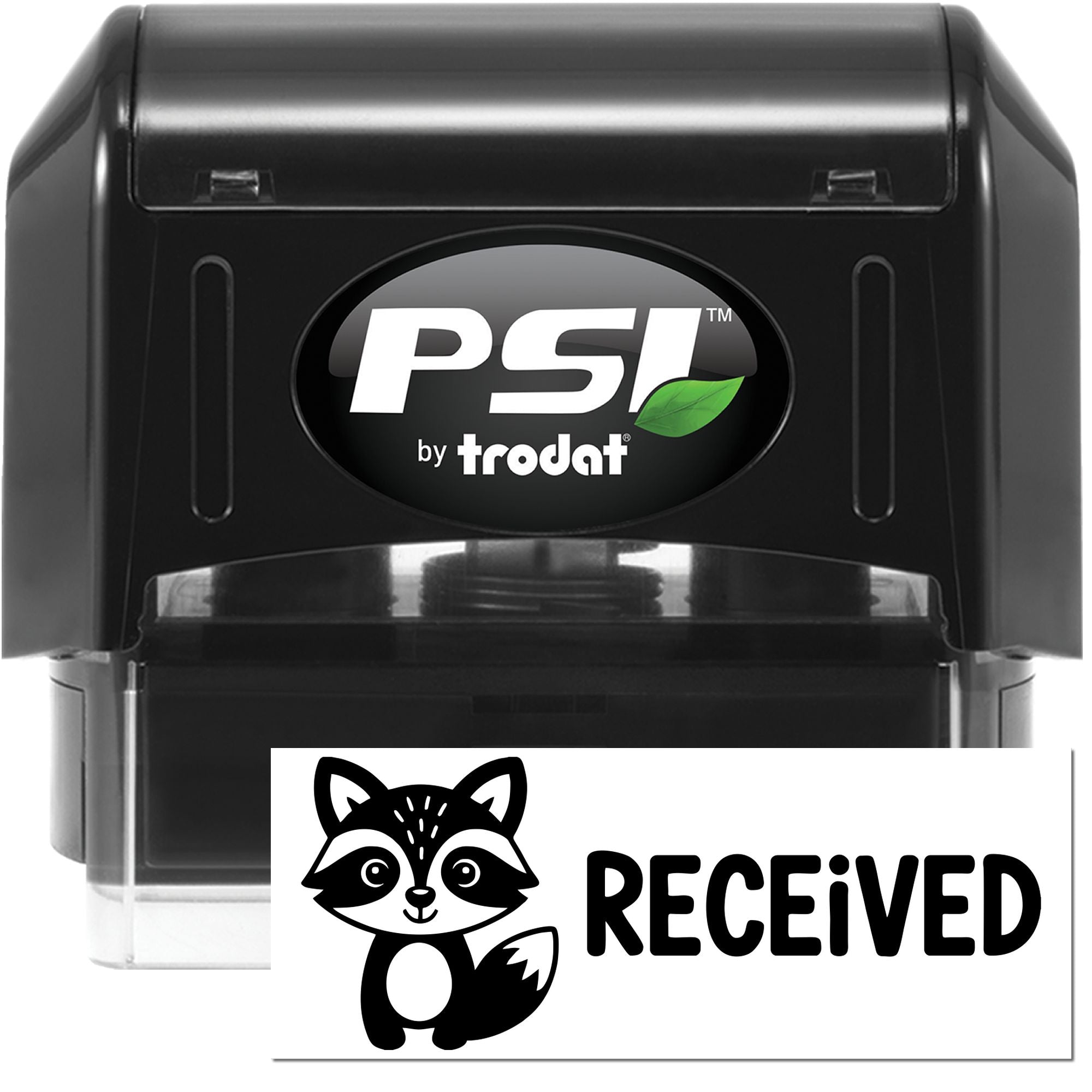 Black PSI by Trodat self-inking stamp and seal with green leaf logo, making a raccoon RECEIVED imprint.