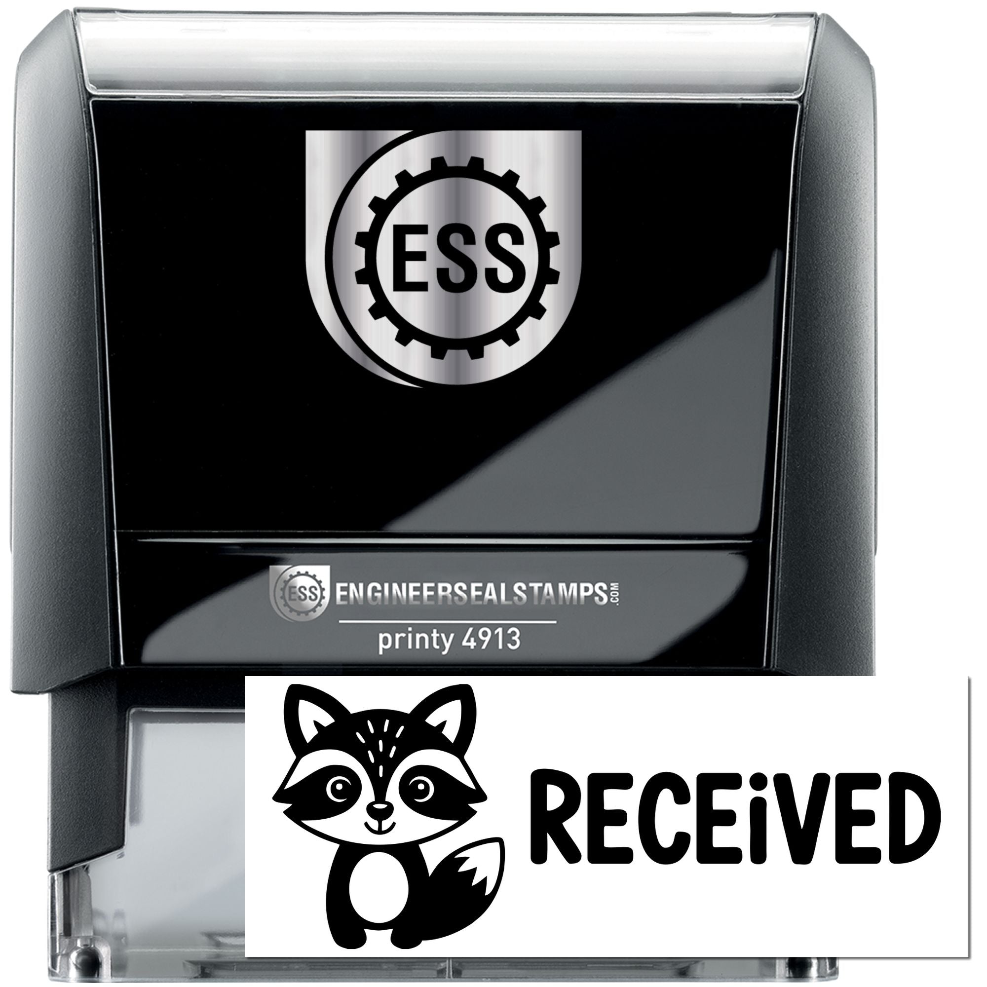 Black self-inking ESS stamp with silver seal logo and clear RECEIVED stamp featuring a black-and-white raccoon design.