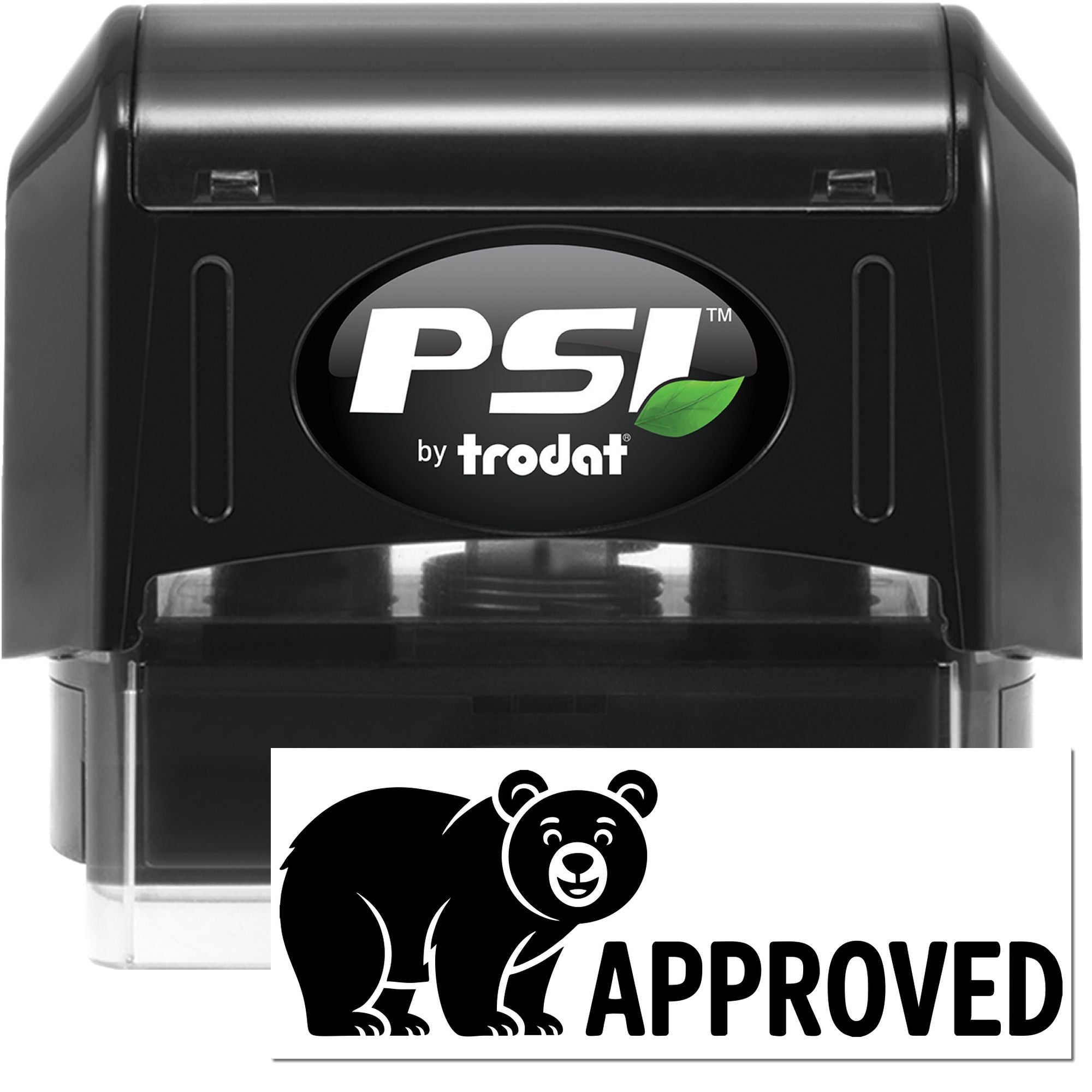 Black PSI by Trodat self-inking stamp and seal with green leaf logo and bear APPROVED marking