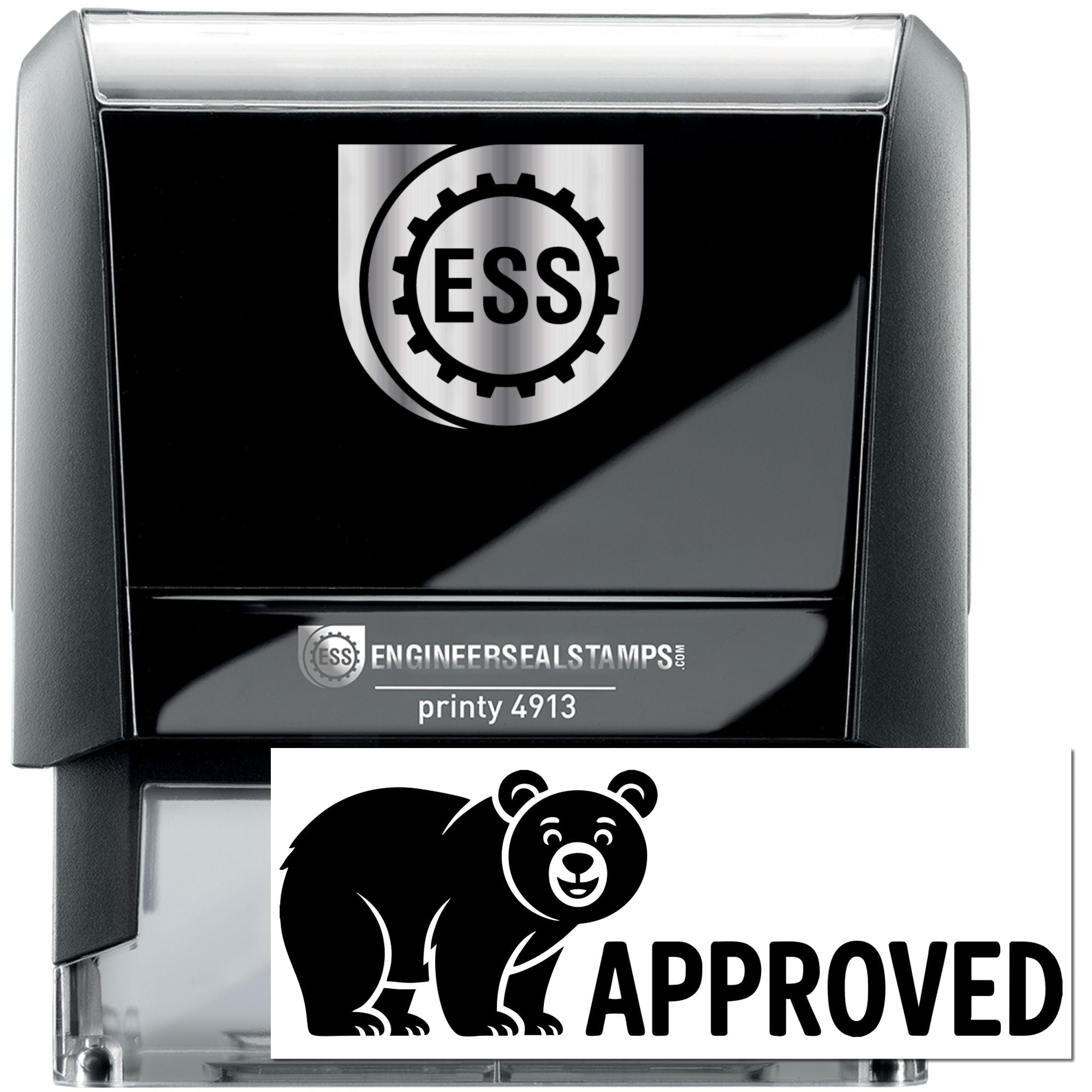 Black self-inking stamp and seal with silver cap, featuring ESS gear logo and white Approved bear seal imprint.