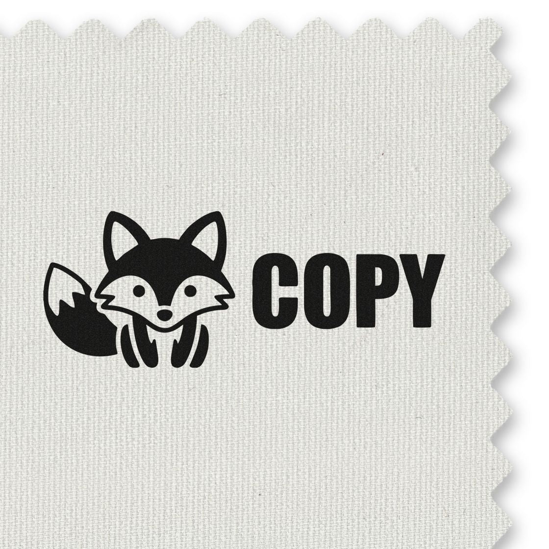Black fox logo stamp with COPY text on white textured fabric swatch, bold seal design
