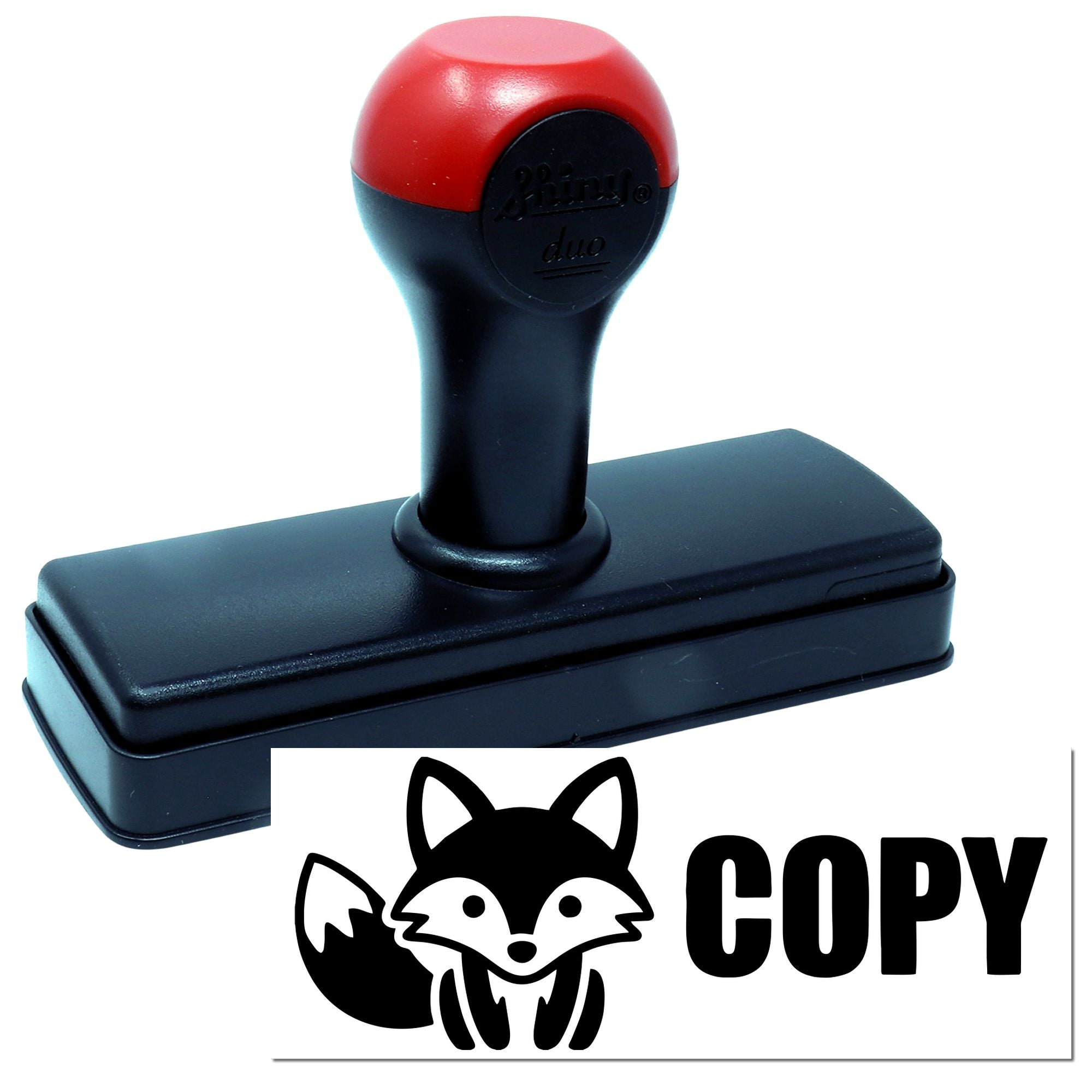 Red and black self-inking stamp and seal with fox logo and COPY text on white background